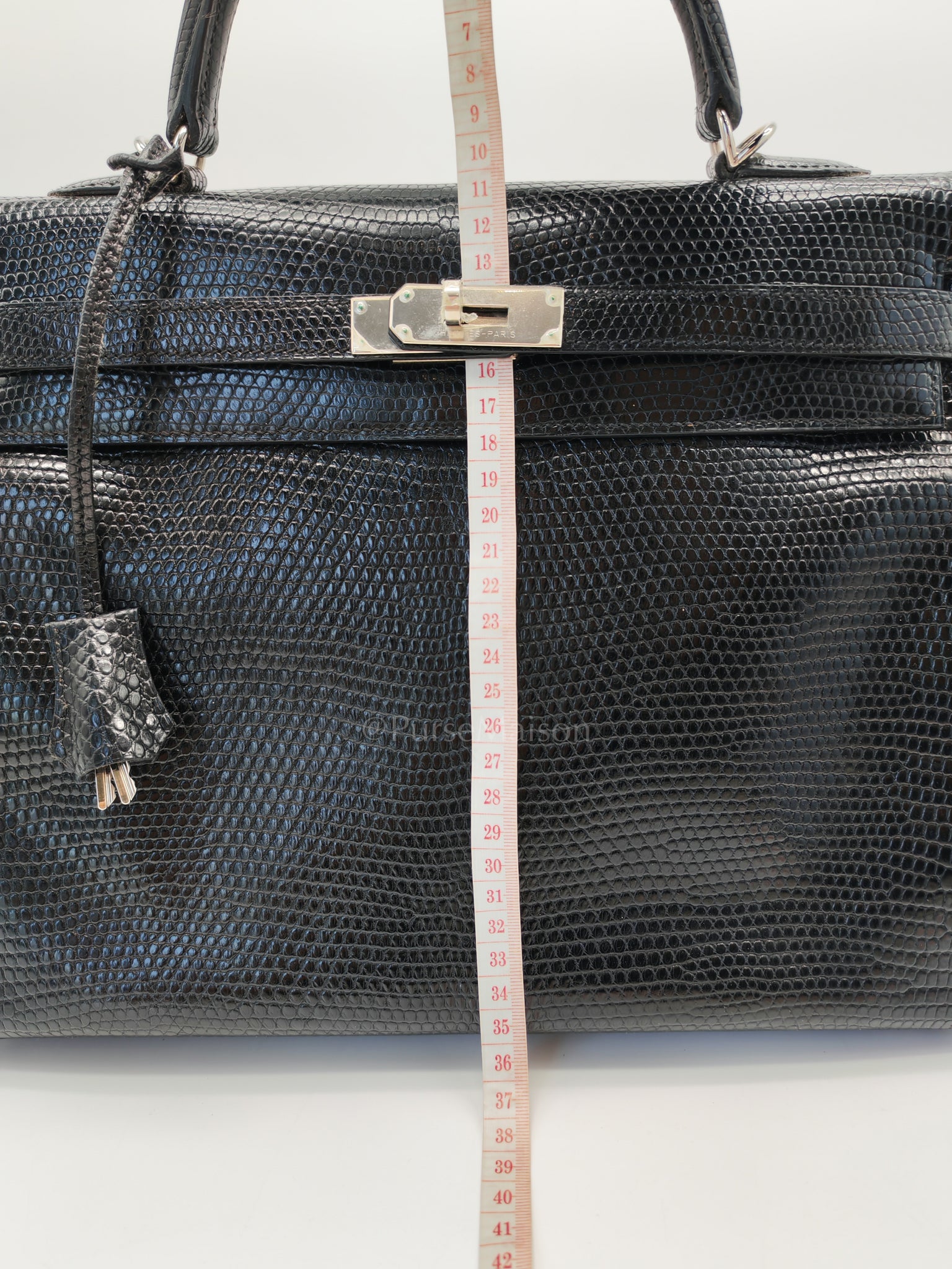 Kelly 35 Retourne in Black Lizard Leather and Palladium Hardware Stamp Square O (2011) | Purse Maison Luxury Bags Shop