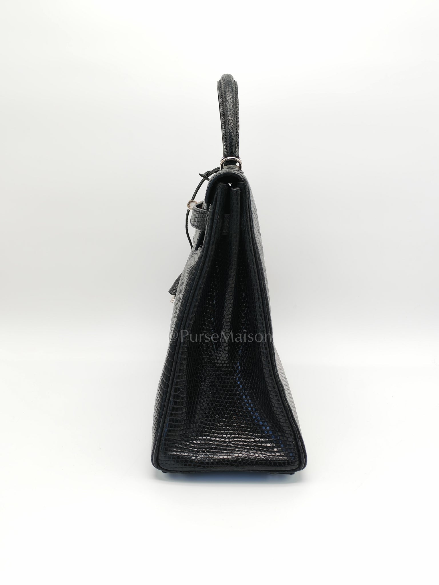Kelly 35 Retourne in Black Lizard Leather and Palladium Hardware Stamp Square O (2011) | Purse Maison Luxury Bags Shop