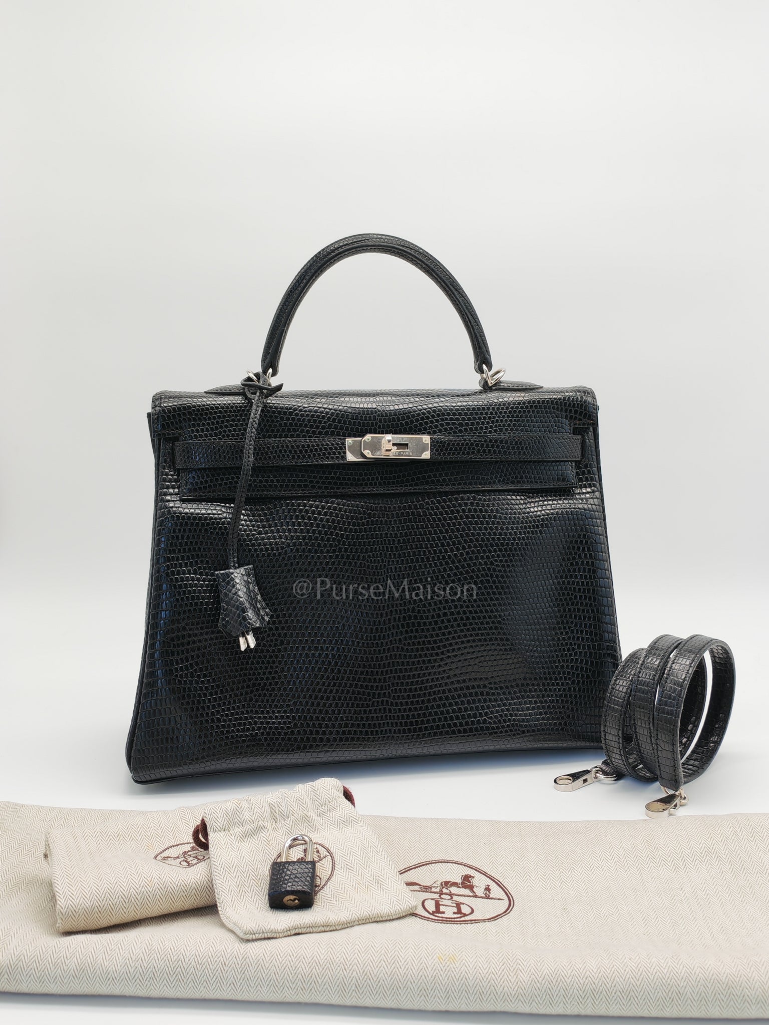 Kelly 35 Retourne in Black Lizard Leather and Palladium Hardware Stamp Square O (2011) | Purse Maison Luxury Bags Shop