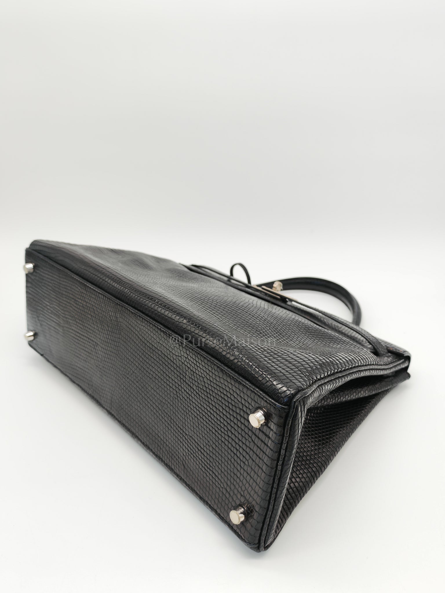 Kelly 35 Retourne in Black Lizard Leather and Palladium Hardware Stamp Square O (2011) | Purse Maison Luxury Bags Shop