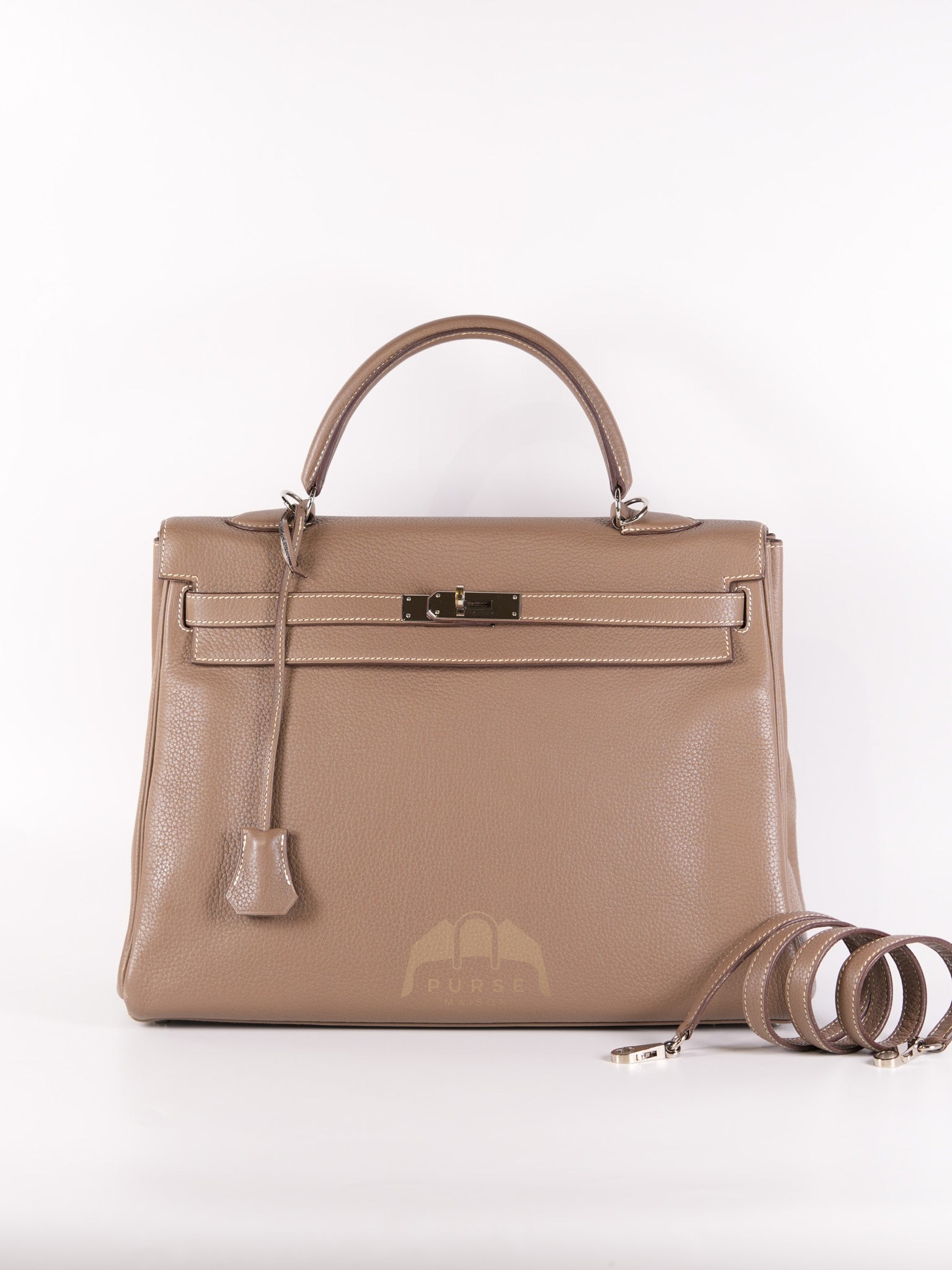 Kelly 35 Retourne in Etoupe Togo Leather and Palladium Hardware Stamp Square L (2008) | Purse Maison Luxury Bags Shop