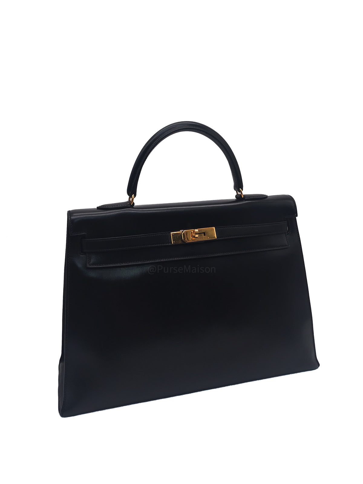 Kelly 35 Sellier in Black Box Calf Leather and Gold Hardware Stamp P Circle (1986) | Purse Maison Luxury Bags Shop