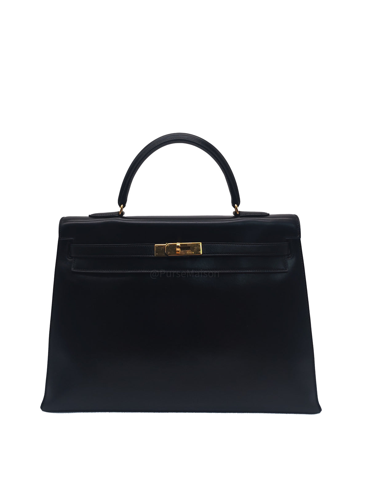Kelly 35 Sellier in Black Box Calf Leather and Gold Hardware Stamp P Circle (1986) | Purse Maison Luxury Bags Shop