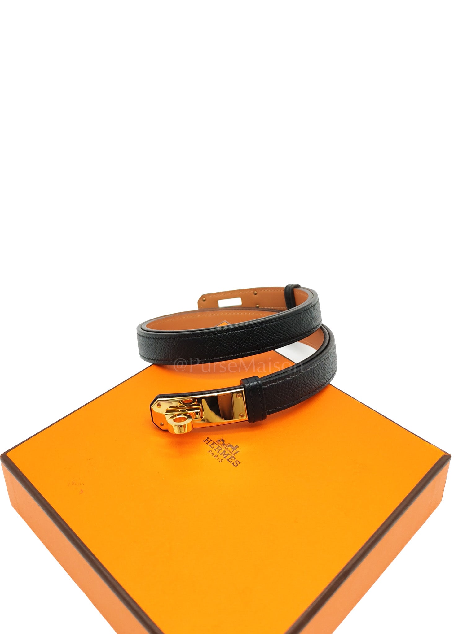 Kelly Belt in Black Epsom Leather & Gold Hardware Stamp X(2016) | Purse Maison Luxury Bags Shop