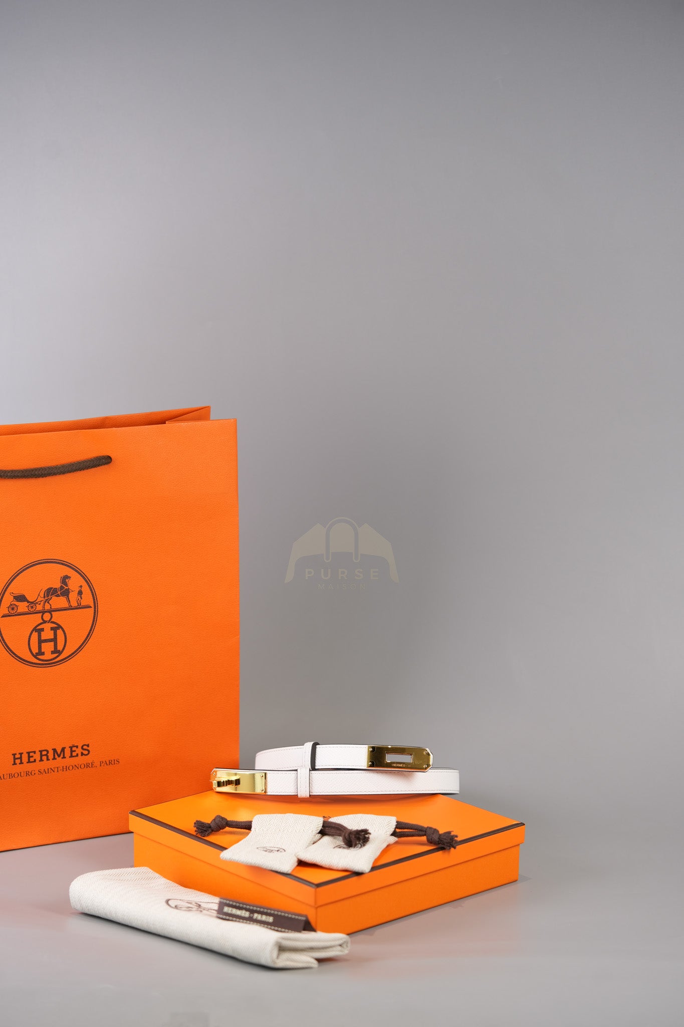 Kelly Belt in White Epsom Gold Hardware Stamp K(2025) | Purse Maison Luxury Bags Shop