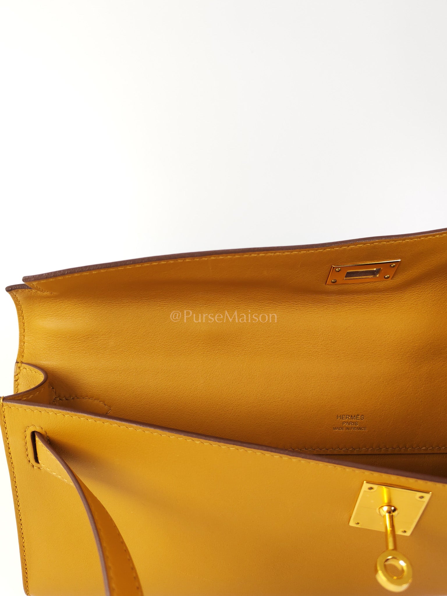 Kelly Cut Sesame Swift Leather and Gold Hardware Stamp Y (2020) | Purse Maison Luxury Bags Shop