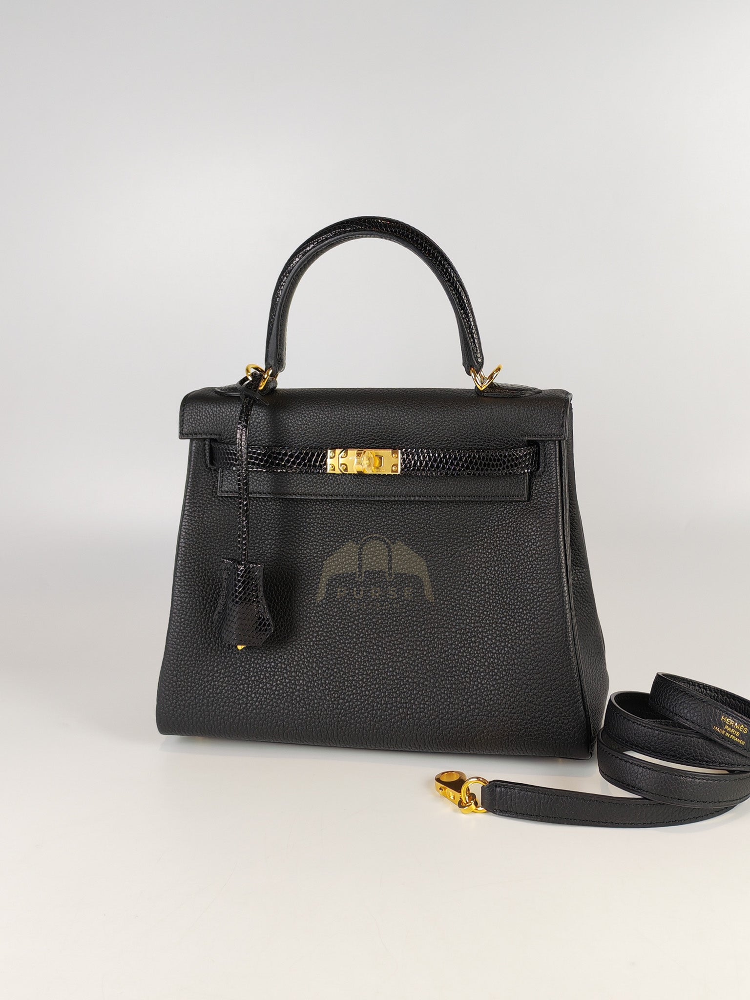 Kelly II 25 Retourne in Noir Togo Leather & Lizard Touch Gold Hardware Stamp B(2023) | Purse Maison Luxury Bags Shop