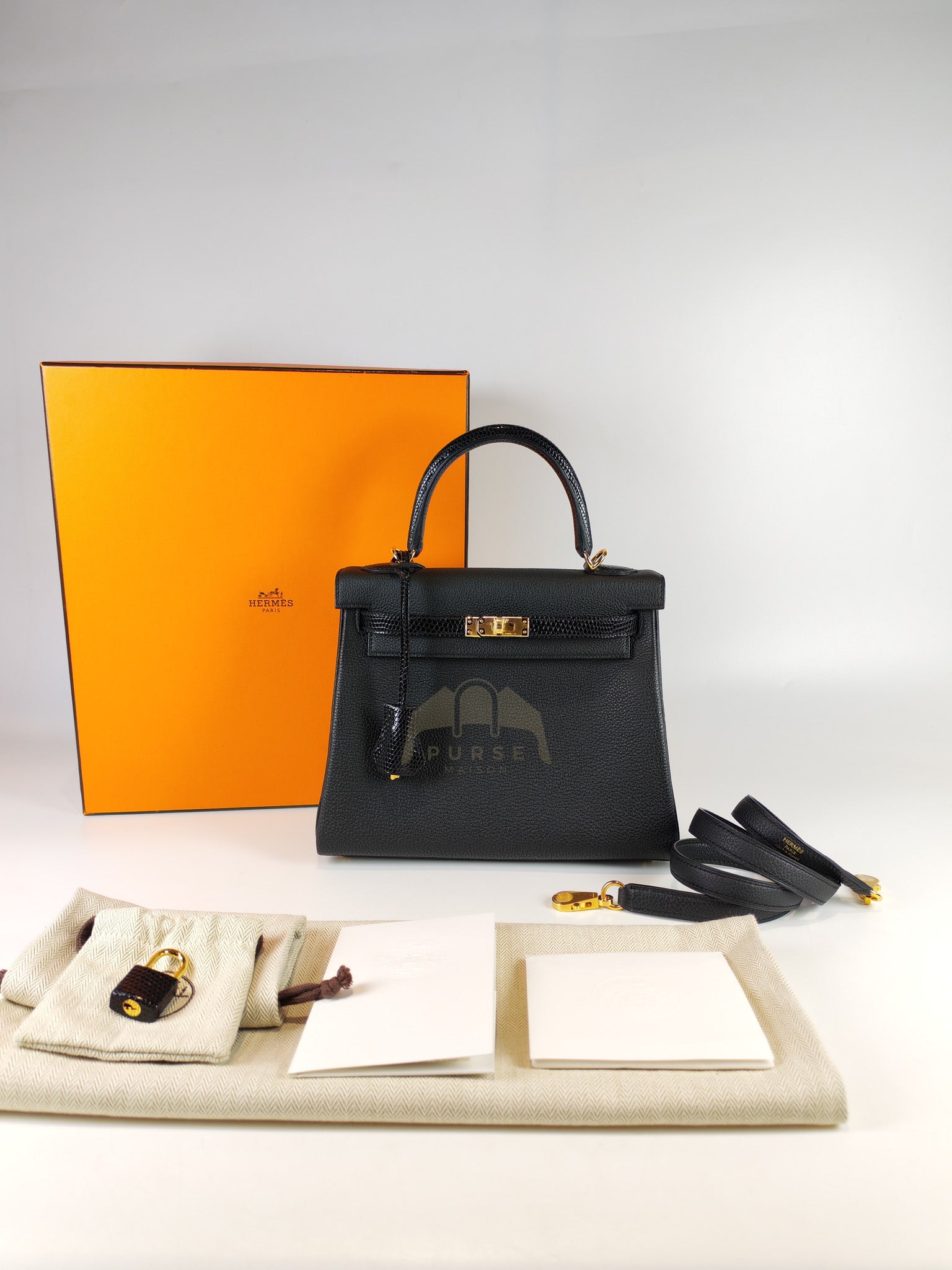 Kelly II 25 Retourne in Noir Togo Leather & Lizard Touch Gold Hardware Stamp B(2023) | Purse Maison Luxury Bags Shop