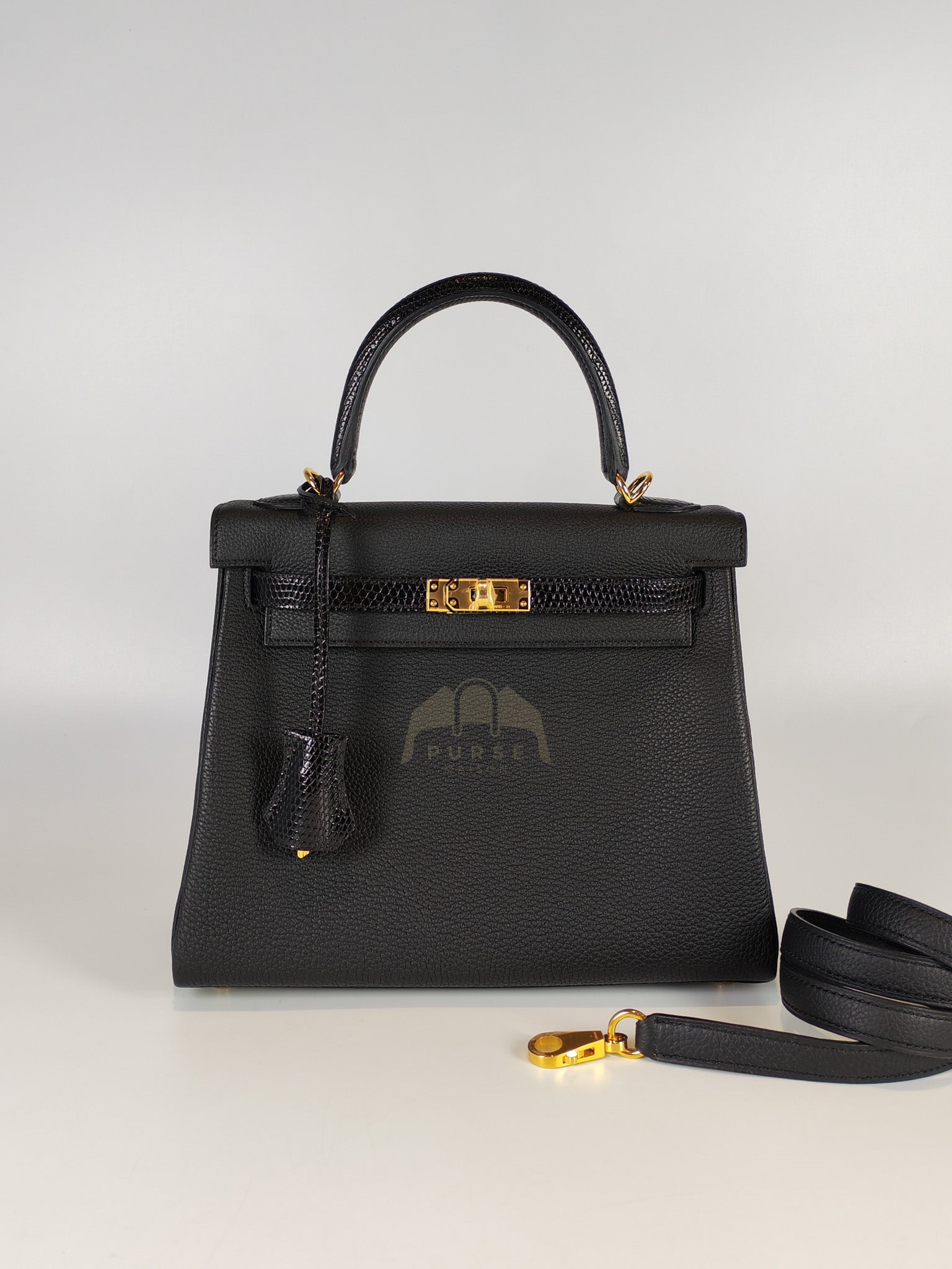 Kelly II 25 Retourne in Noir Togo Leather & Lizard Touch Gold Hardware Stamp B(2023) | Purse Maison Luxury Bags Shop