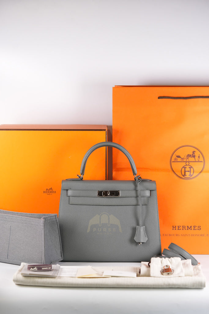 Kelly II Sellier 28 in Vert Amande Epsom Leather Palladium Hardware Stamp D(2019) | Purse Maison Luxury Bags Shop