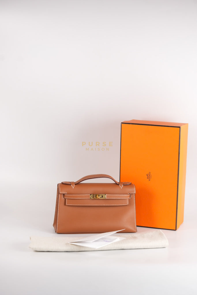 Kelly Pochette in Gold Swift Leather and Gold Hardware Stamp Y (2020) | Purse Maison Luxury Bags Shop