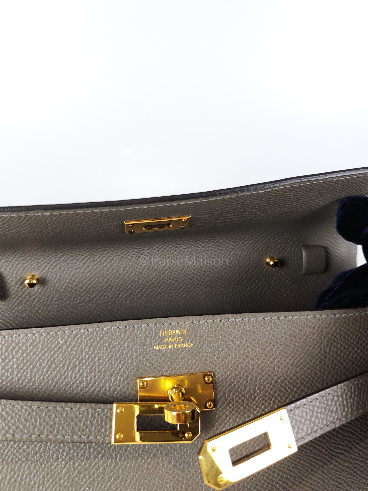 Kelly To Go Gris Meyer in Epsom Leather and Gold Hardware Stamp U (2022) | Purse Maison Luxury Bags Shop