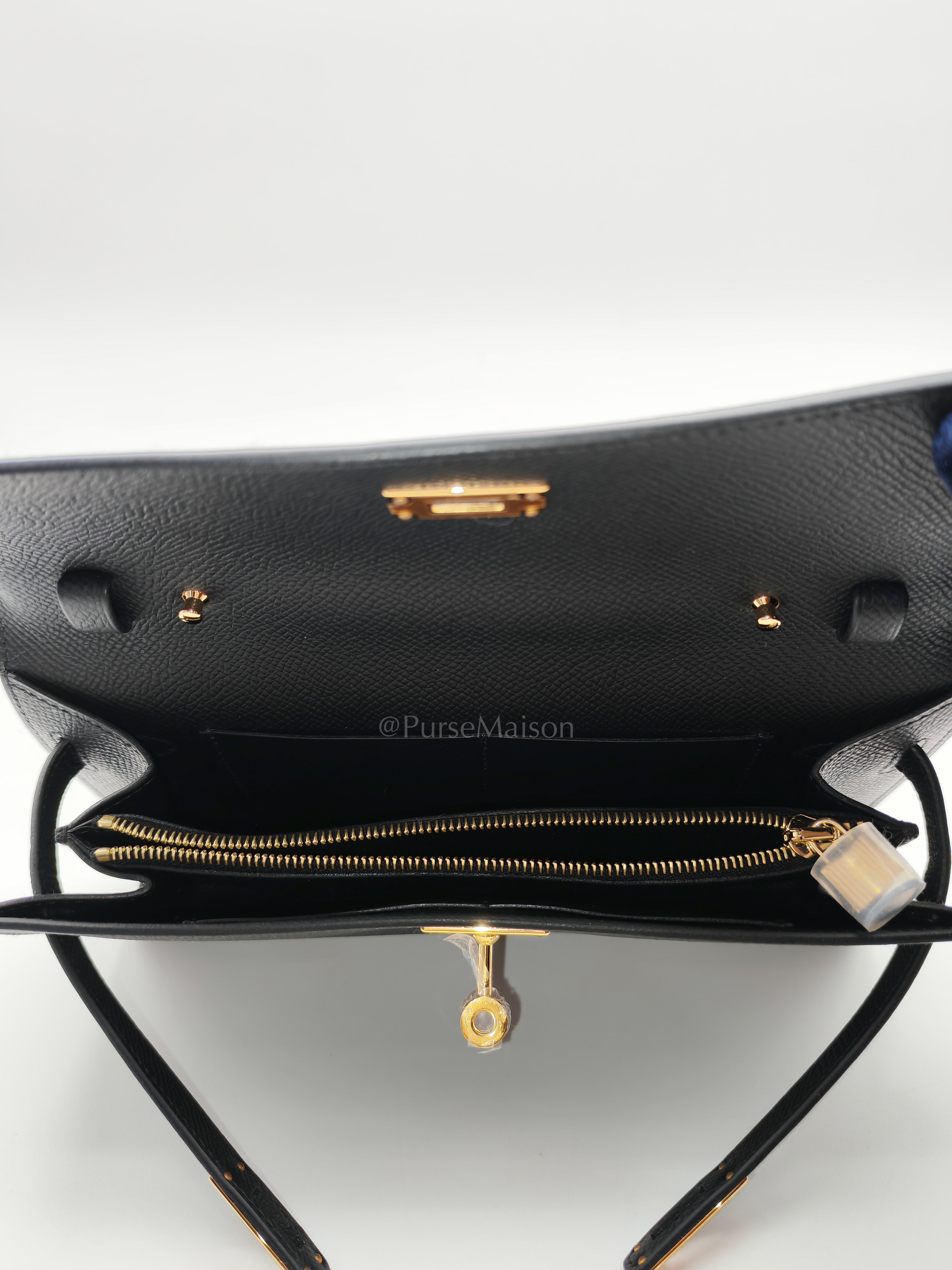 Kelly To Go in Black Epsom Leather & Gold Hardware Stamp G (2026) | Purse Maison Luxury Bags Shop