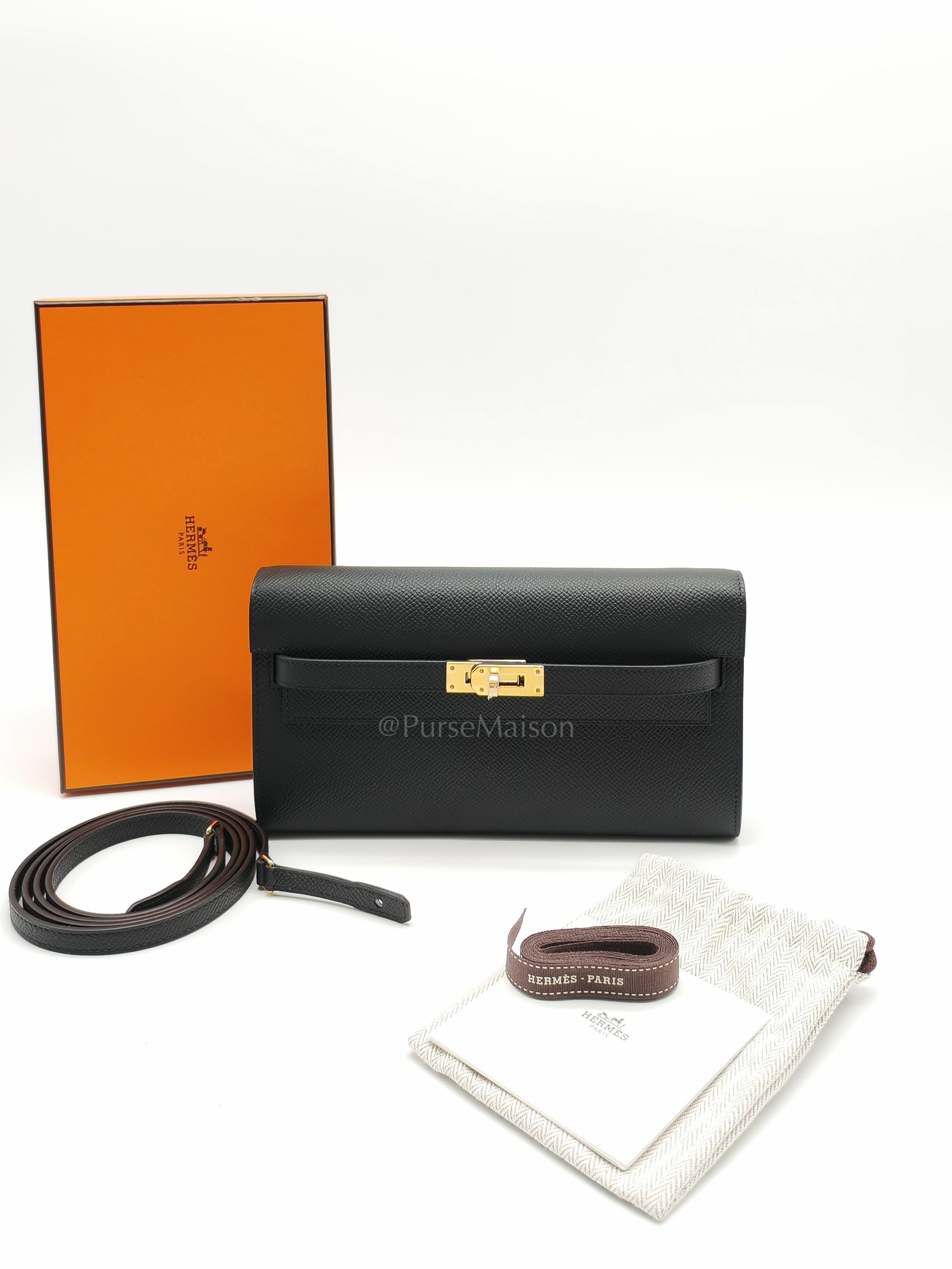 Kelly To Go in Black Epsom Leather & Gold Hardware Stamp G (2026) | Purse Maison Luxury Bags Shop