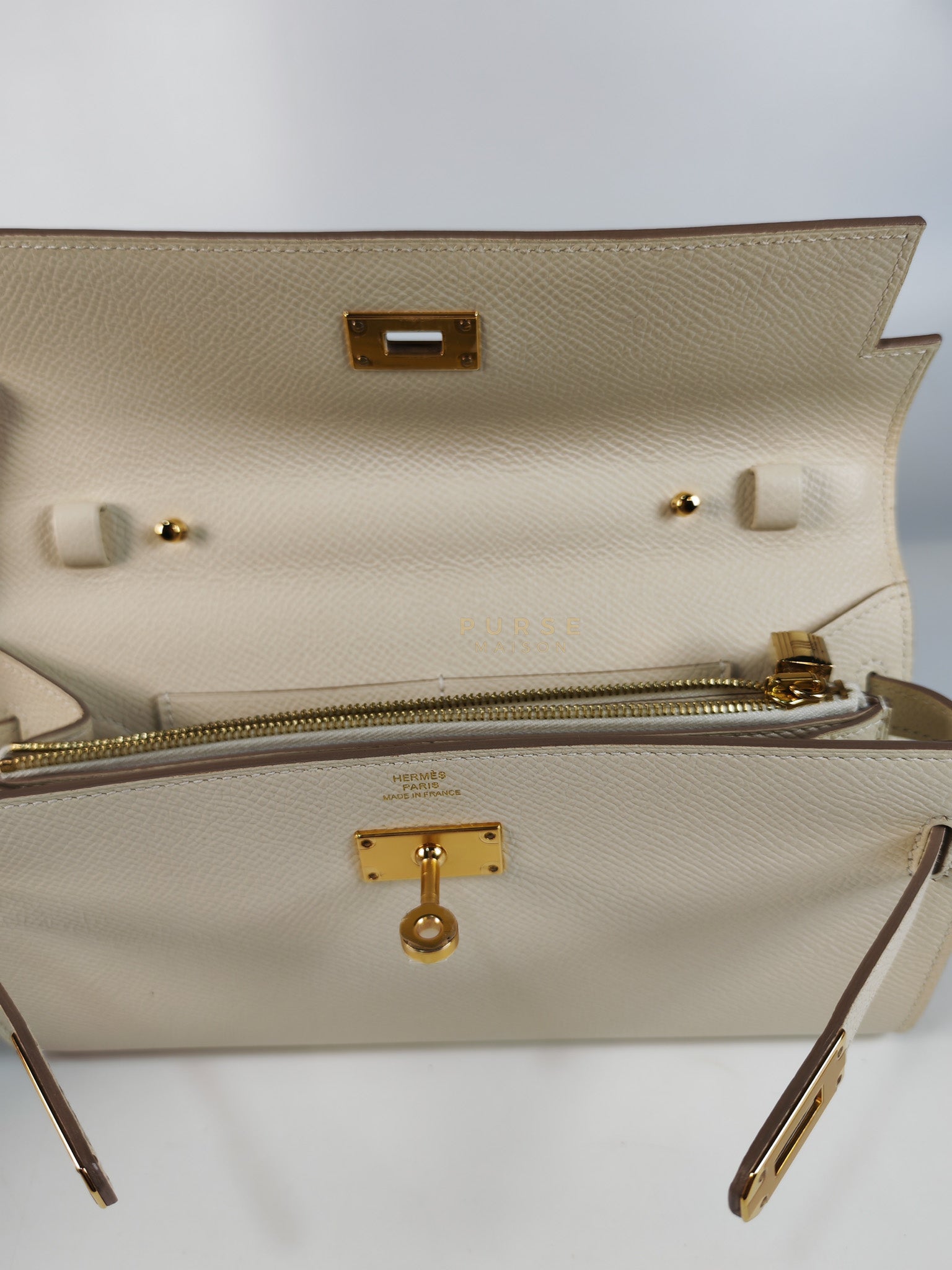 Kelly To Go in Craie Epsom Leather and Gold Hardware Stamp Y (2020) | Purse Maison Luxury Bags Shop