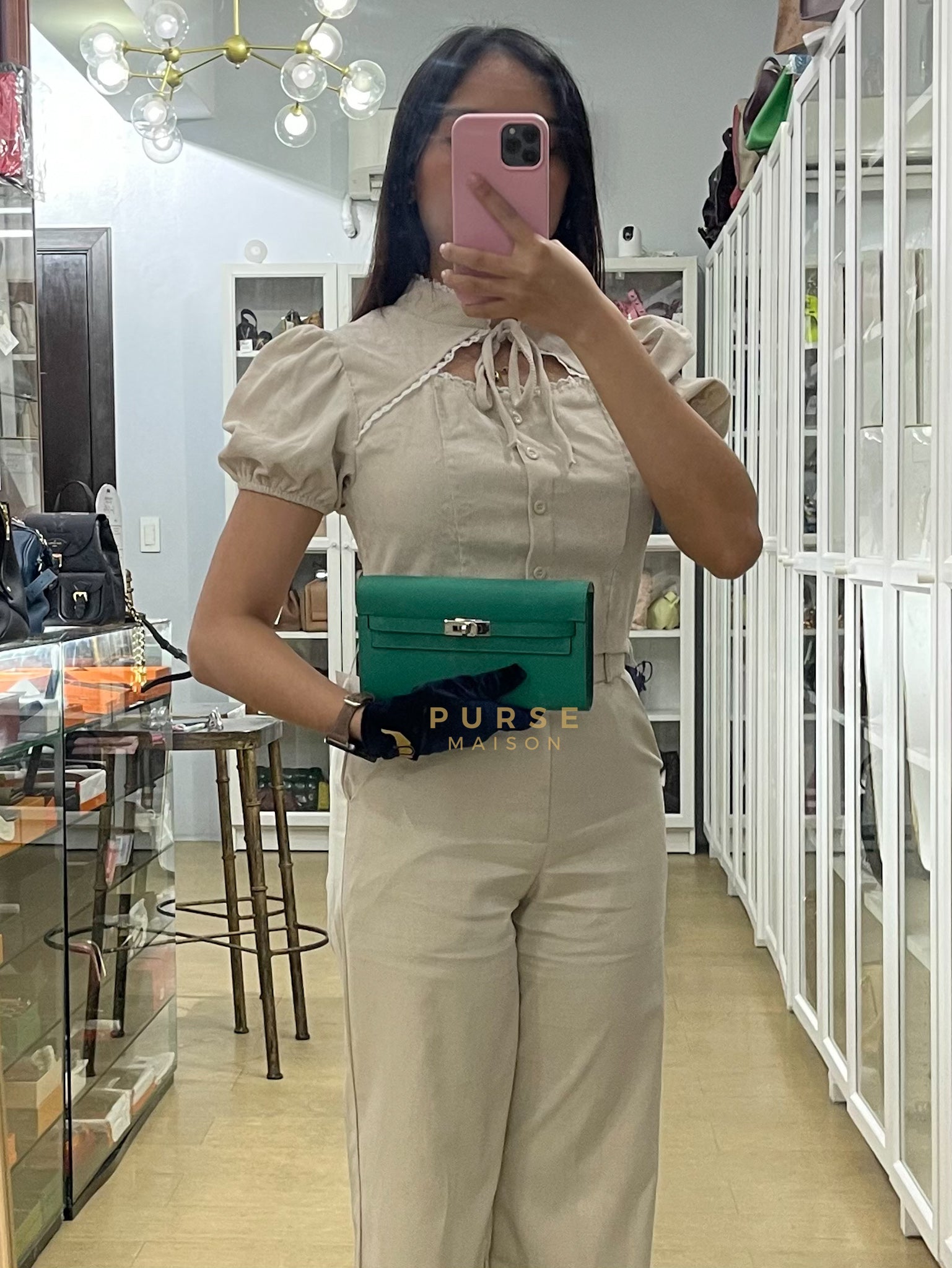 Kelly To Go in Vert(Green) Epsom Leather & Palladium Hardware Stamp Y(2020) | Purse Maison Luxury Bags Shop