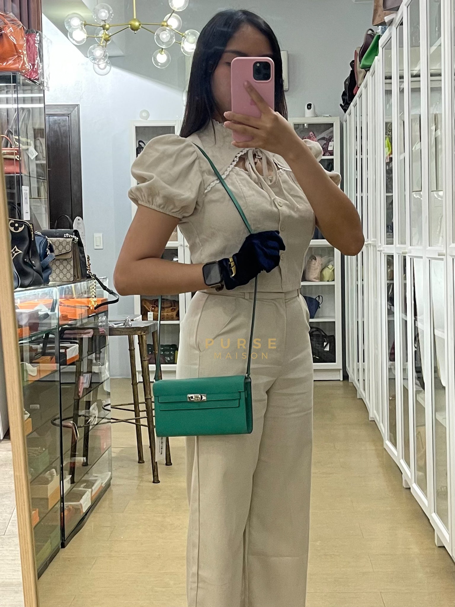 Kelly To Go in Vert(Green) Epsom Leather & Palladium Hardware Stamp Y(2020) | Purse Maison Luxury Bags Shop