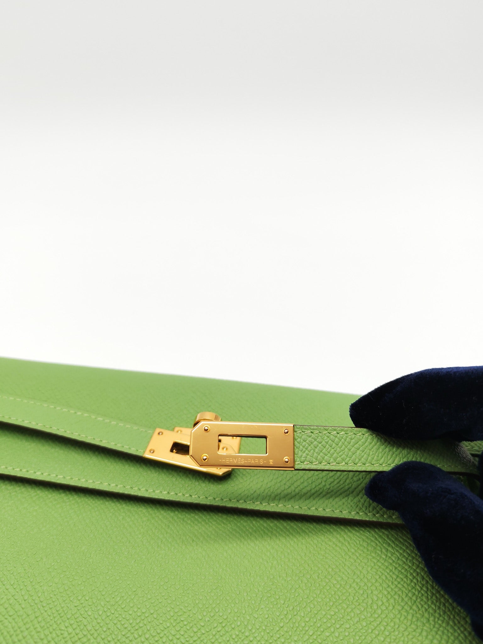 Kelly To Go Vert Criquet and Blue Brume Interior in Epsom Leather and Gold Hardware Stamp Y (2020) | Purse Maison Luxury Bags Shop