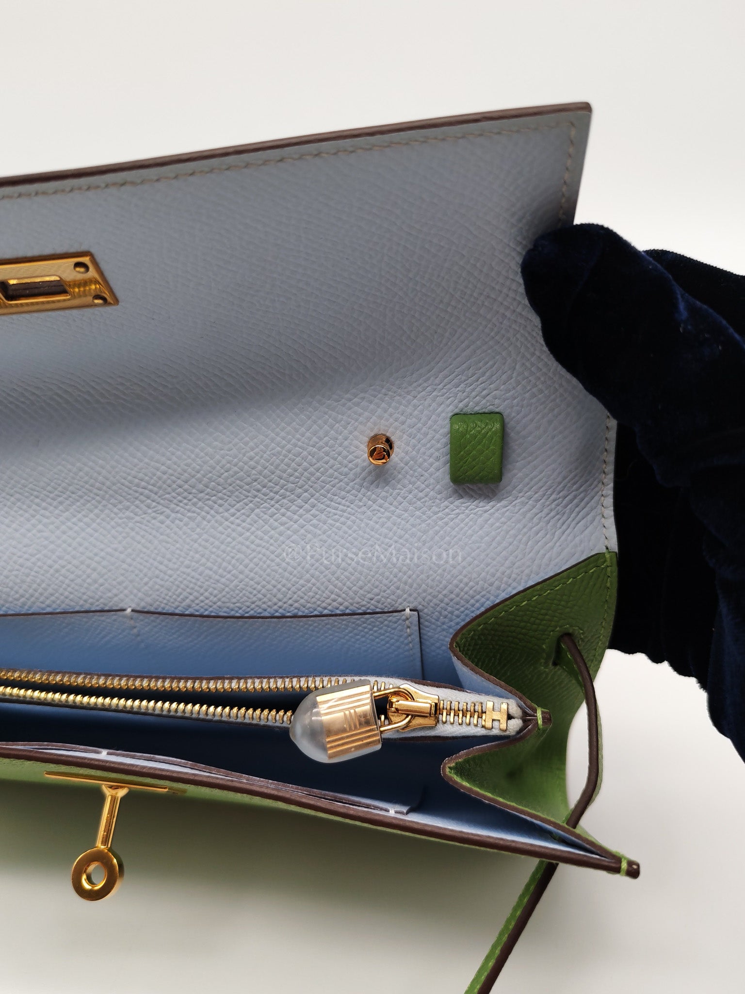 Kelly To Go Vert Criquet and Blue Brume Interior in Epsom Leather and Gold Hardware Stamp Y (2020) | Purse Maison Luxury Bags Shop