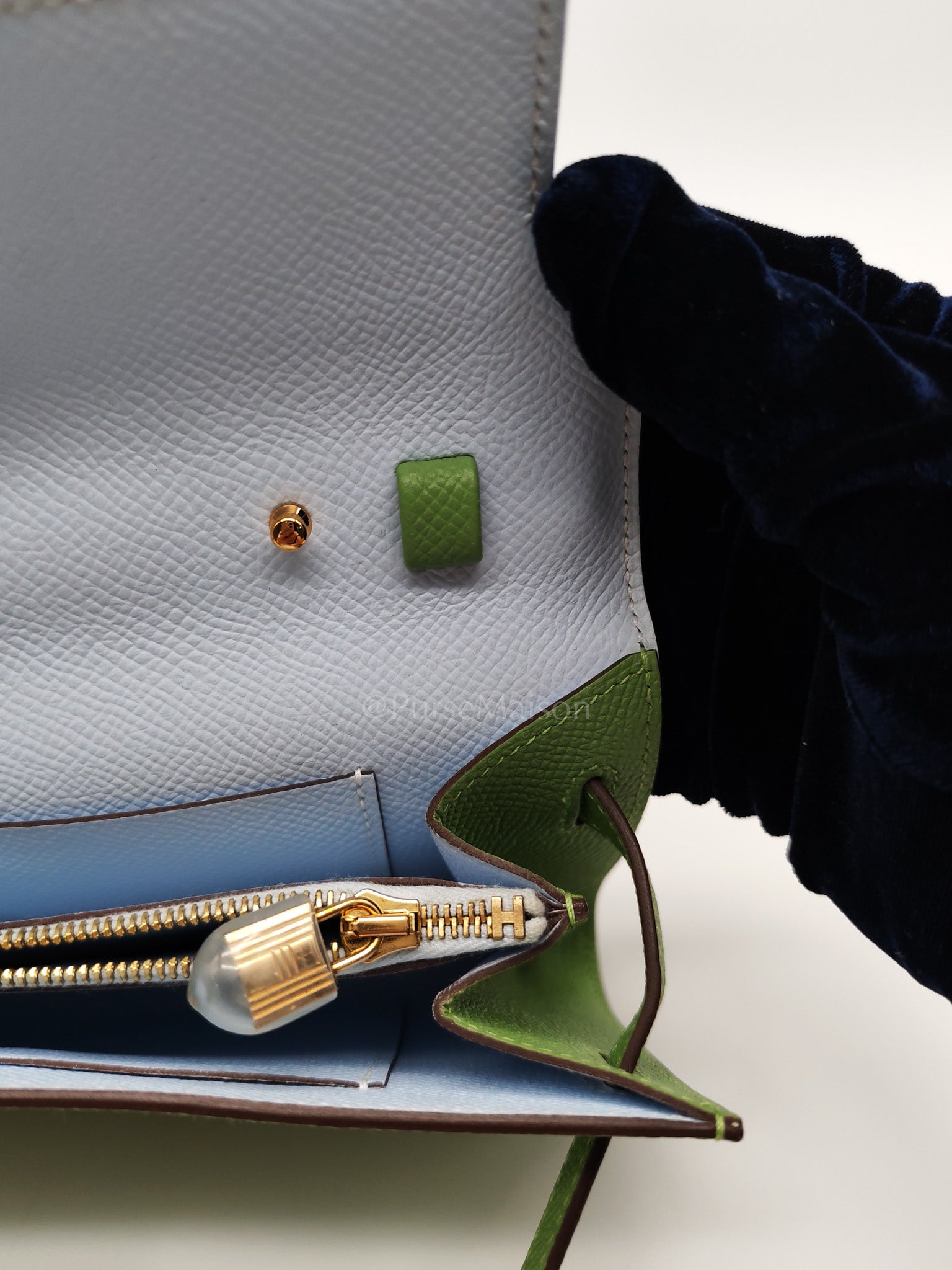 Kelly To Go Vert Criquet and Blue Brume Interior in Epsom Leather and Gold Hardware Stamp Y (2020) | Purse Maison Luxury Bags Shop