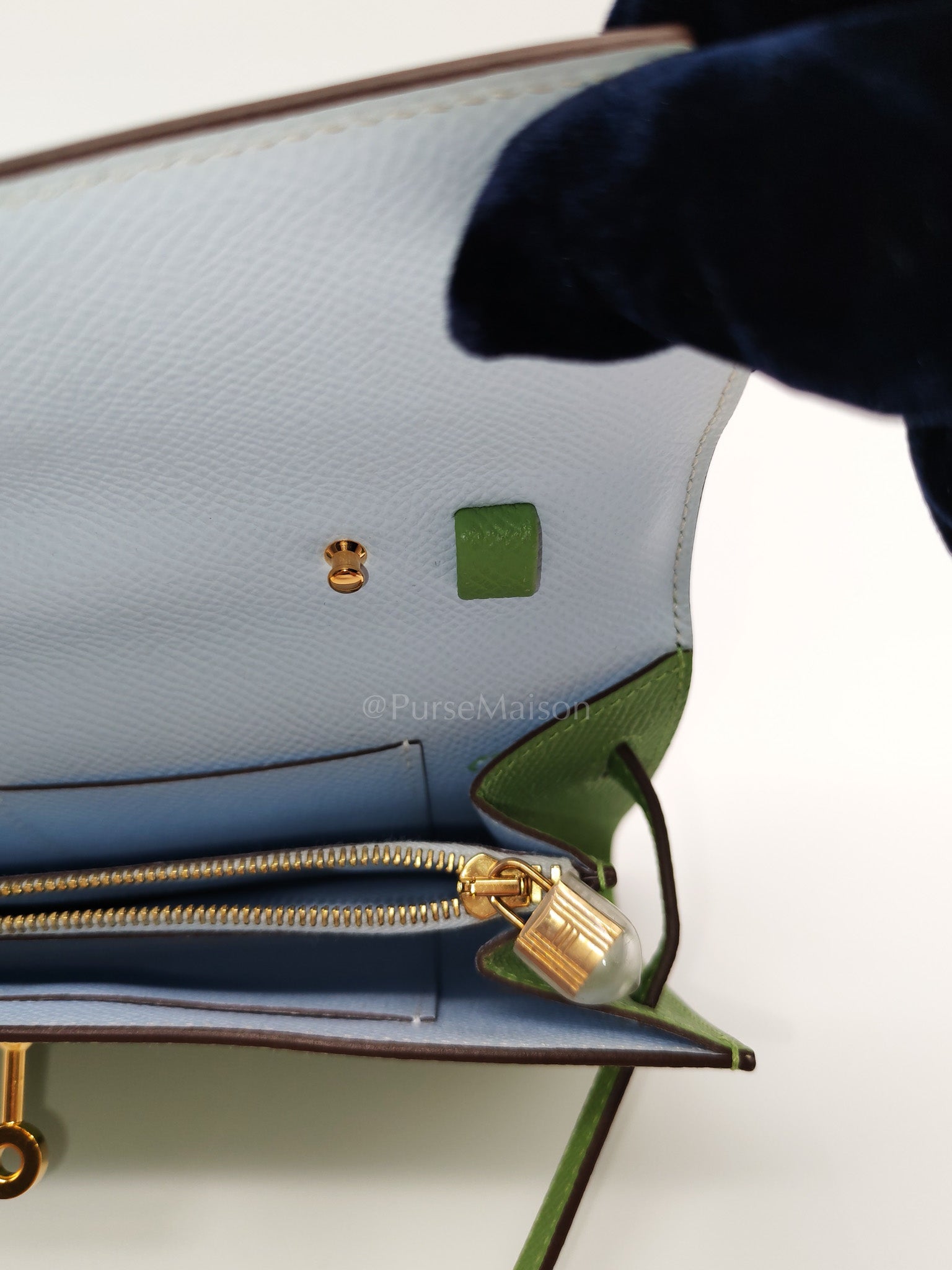 Kelly To Go Vert Criquet and Blue Brume Interior in Epsom Leather and Gold Hardware Stamp Y (2020) | Purse Maison Luxury Bags Shop