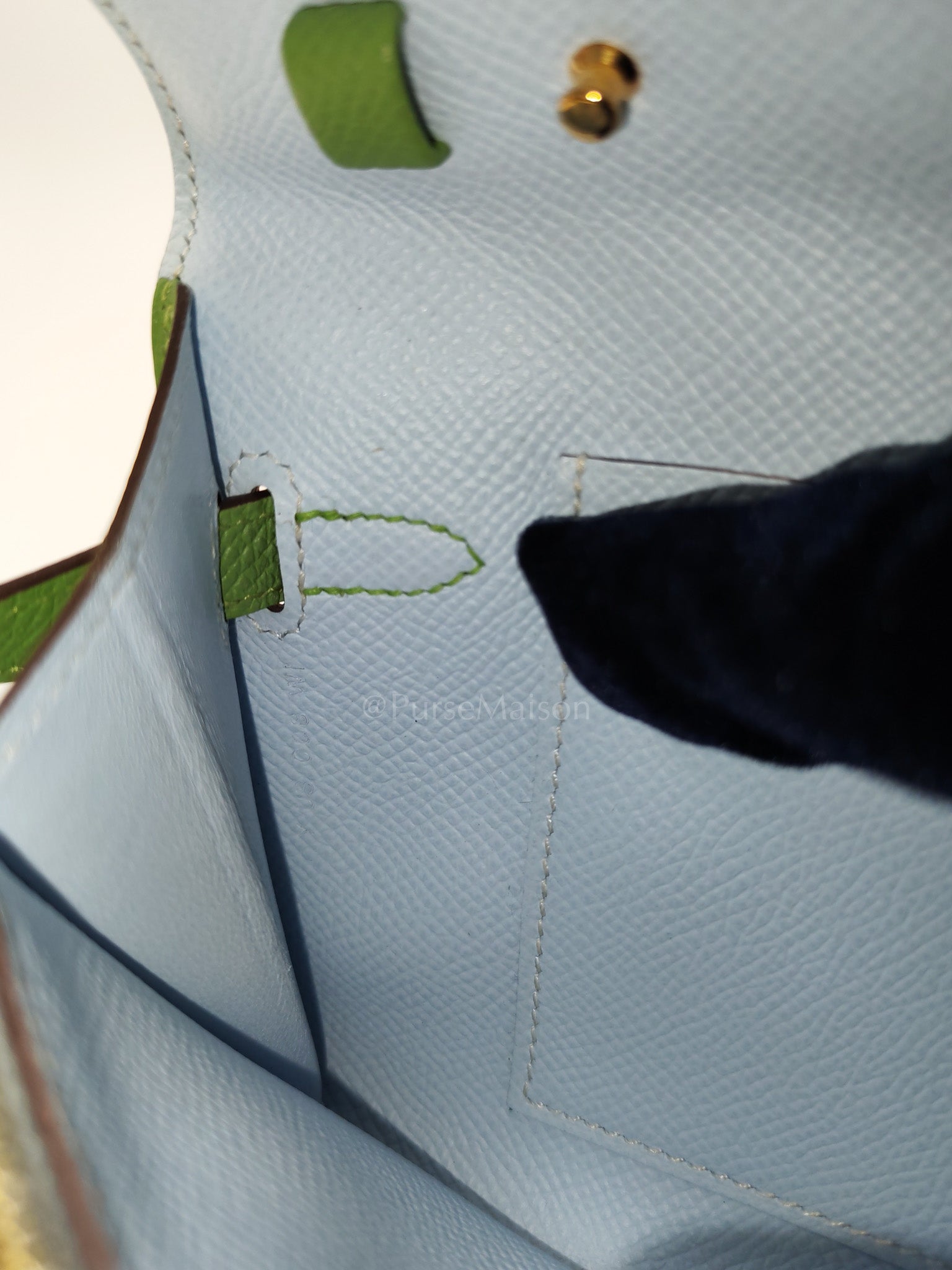Kelly To Go Vert Criquet and Blue Brume Interior in Epsom Leather and Gold Hardware Stamp Y (2020) | Purse Maison Luxury Bags Shop