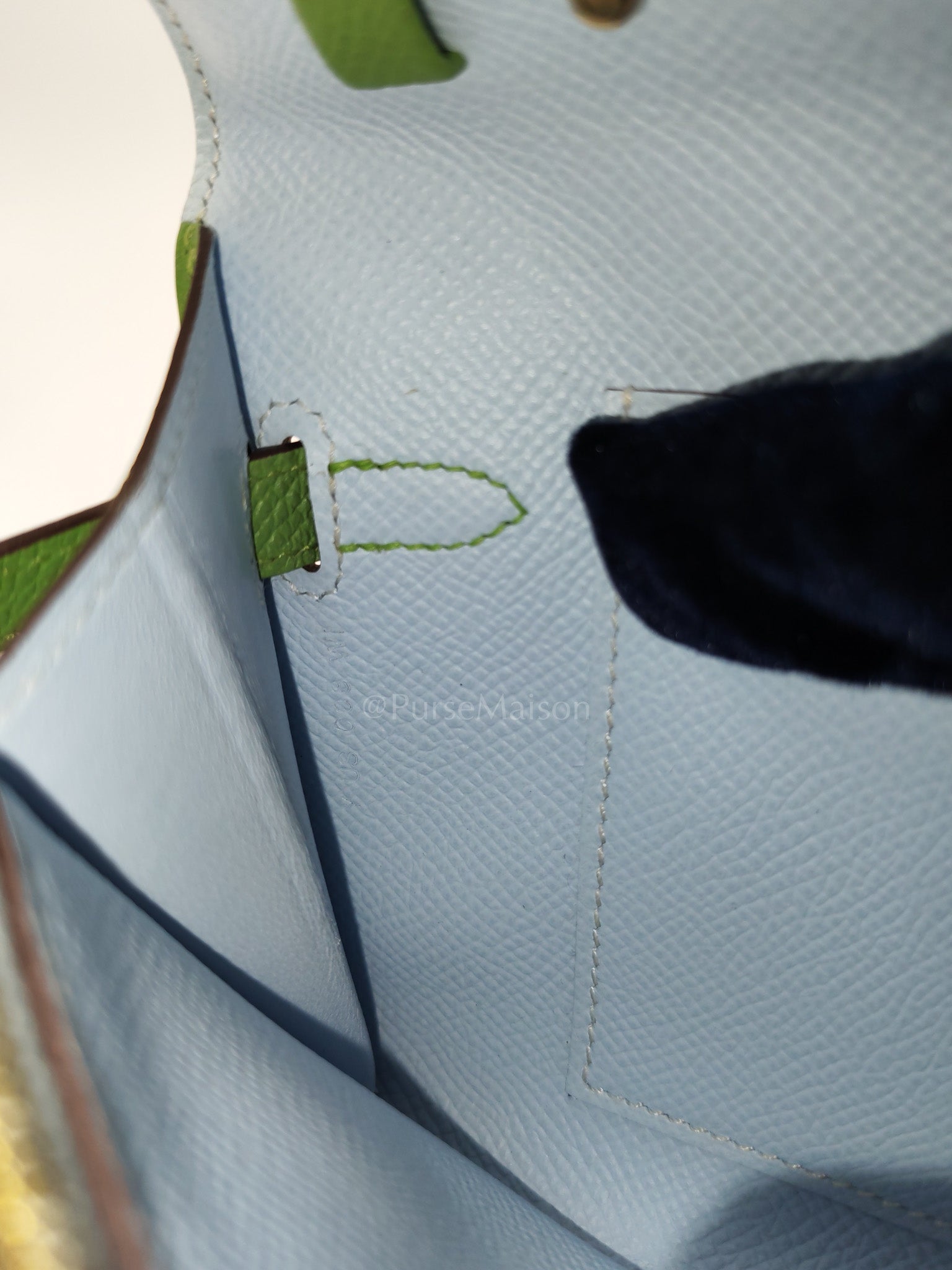 Kelly To Go Vert Criquet and Blue Brume Interior in Epsom Leather and Gold Hardware Stamp Y (2020) | Purse Maison Luxury Bags Shop
