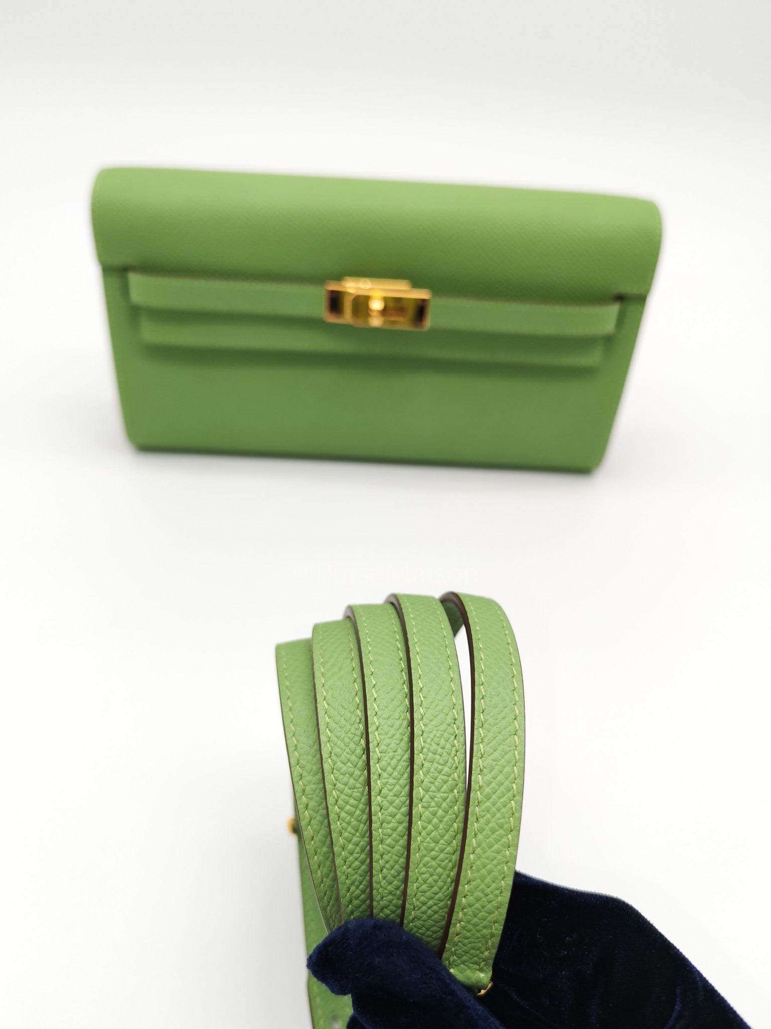 Kelly To Go Vert Criquet and Blue Brume Interior in Epsom Leather and Gold Hardware Stamp Y (2020) | Purse Maison Luxury Bags Shop