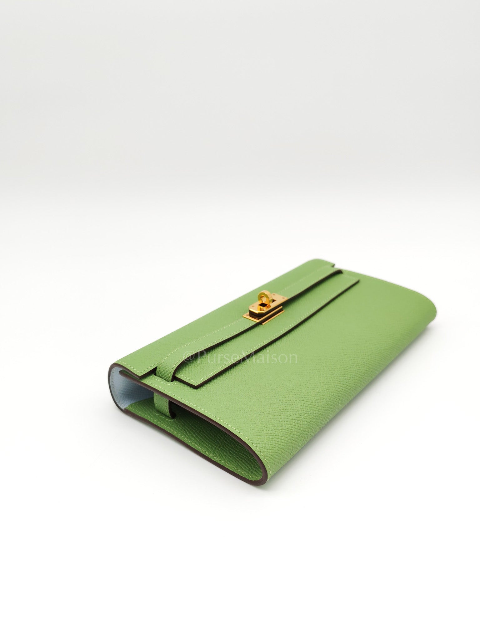 Kelly To Go Vert Criquet and Blue Brume Interior in Epsom Leather and Gold Hardware Stamp Y (2020) | Purse Maison Luxury Bags Shop