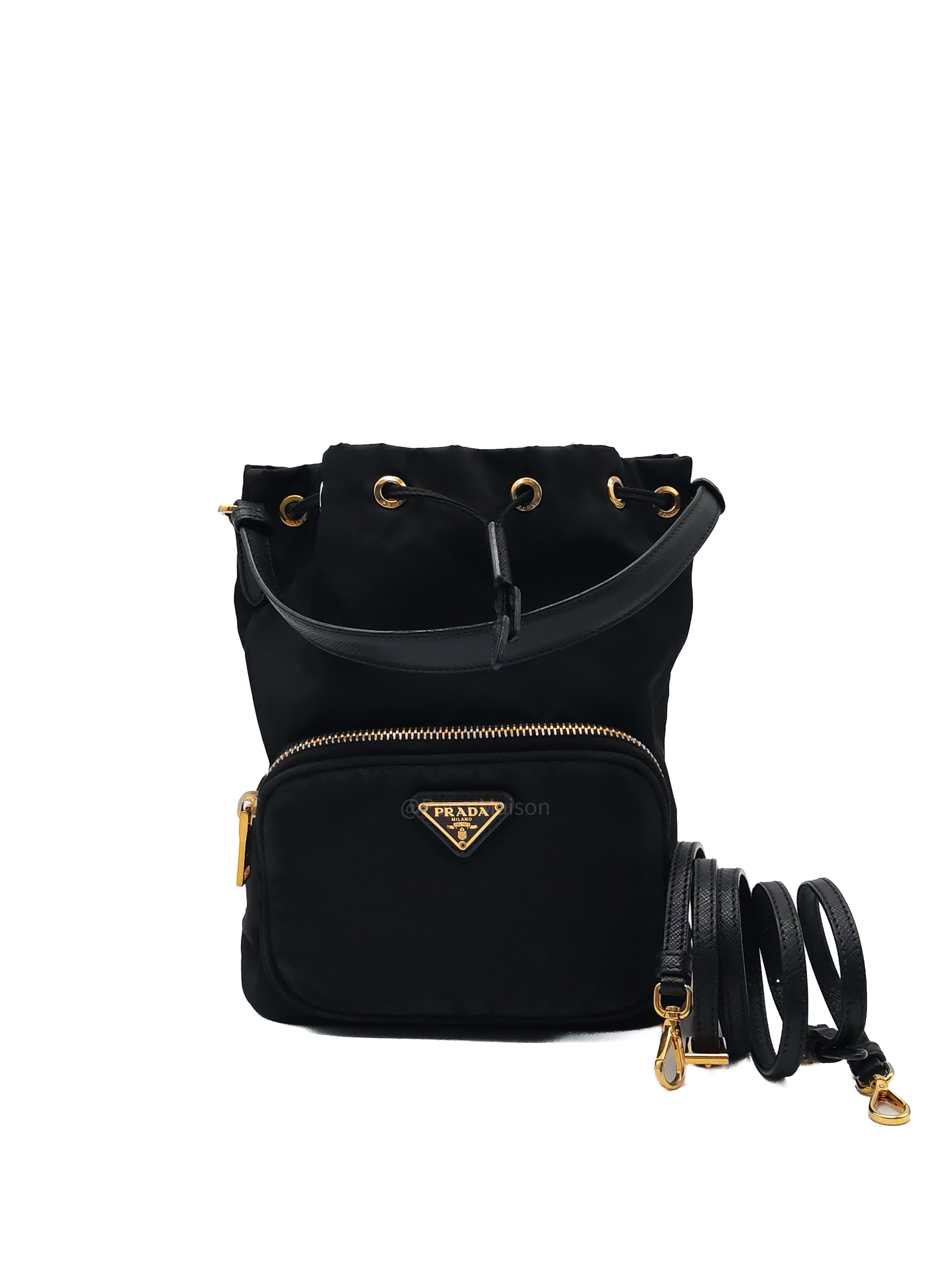 Prada Duet Re-Nylon bucket Bag Small in Black Tessuto Nylon and Gold Hardware