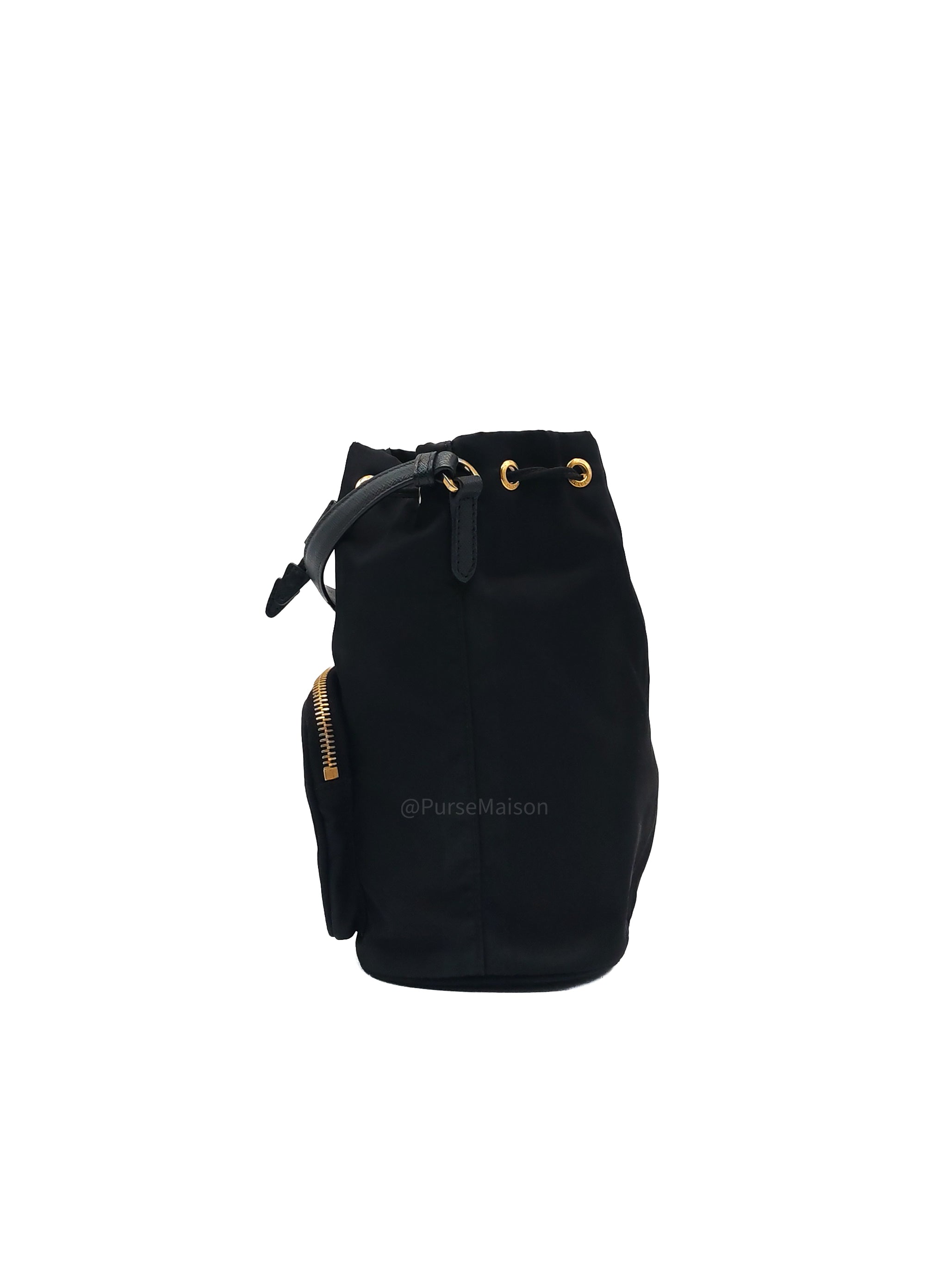Prada Duet Re-Nylon bucket Bag Small in Black Tessuto Nylon and Gold Hardware
