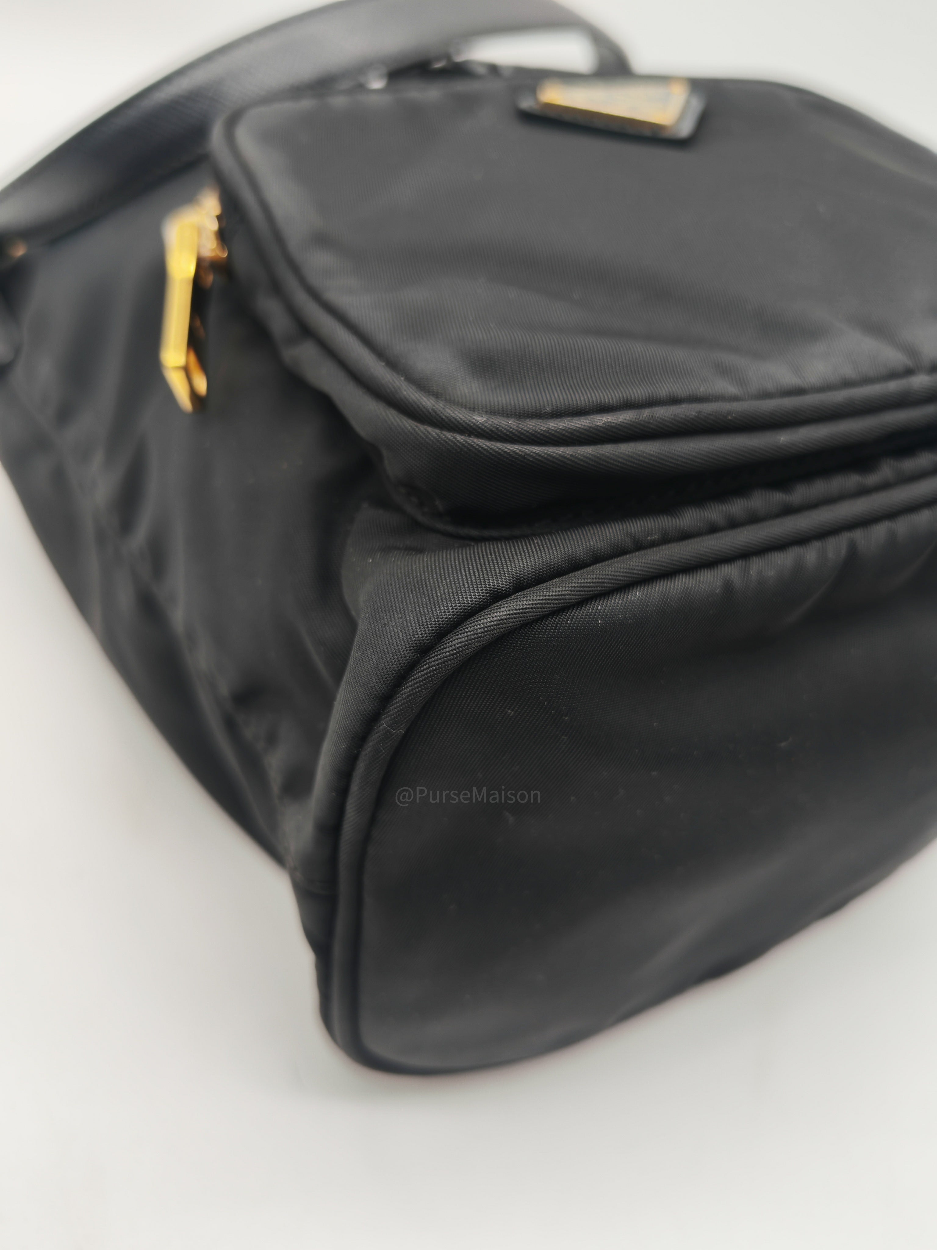 Prada Duet Re-Nylon bucket Bag Small in Black Tessuto Nylon and Gold Hardware