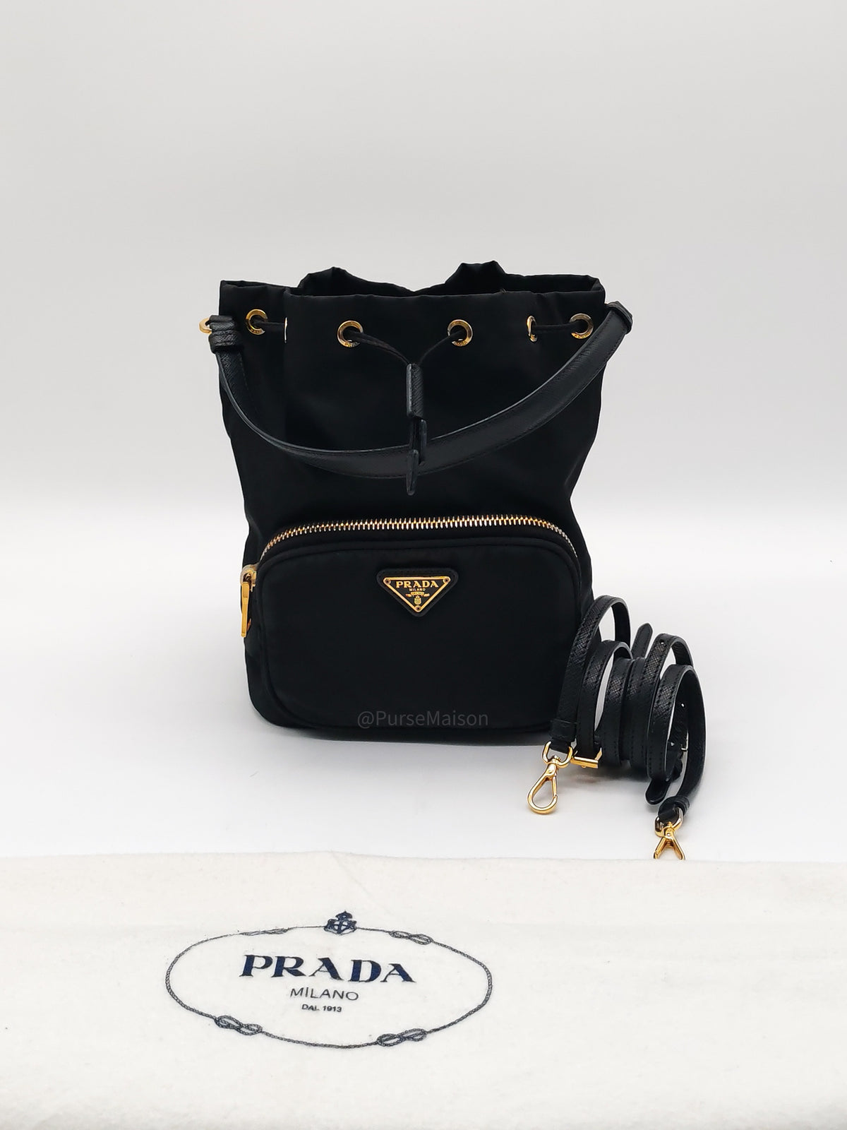 Prada Duet Re-Nylon bucket Bag Small in Black Tessuto Nylon and Gold Hardware
