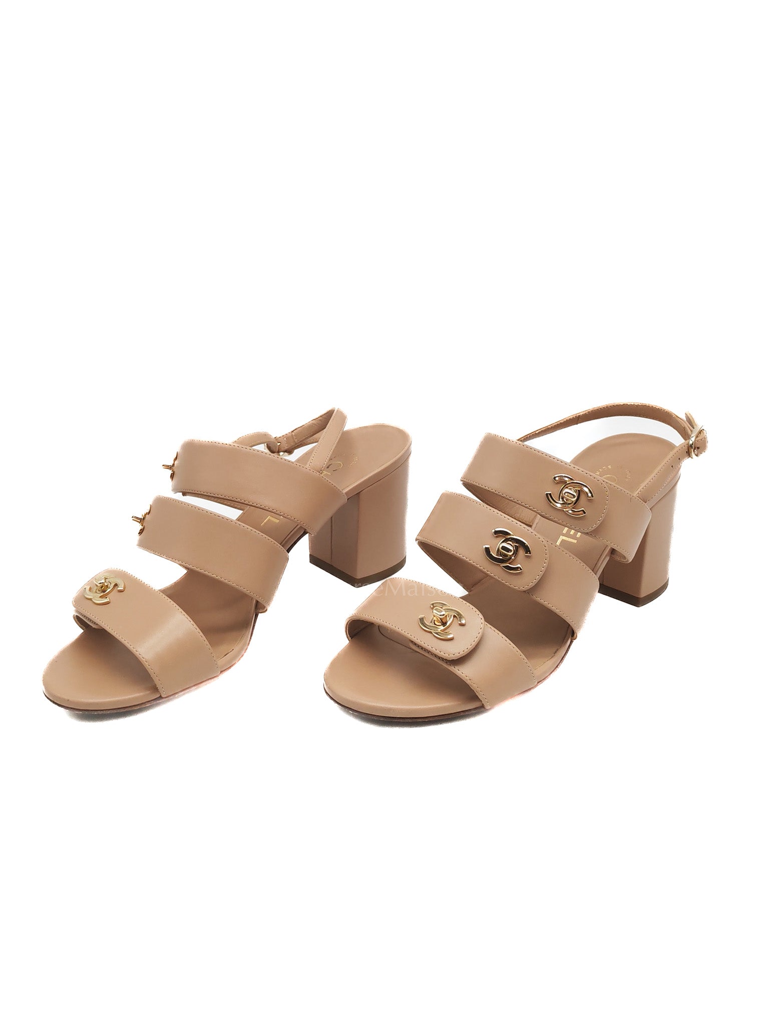 CC Turn Lock Triple Strap Sandals in Beige Calfskin Leather Light Gold Hardware Size 37.5 EU(23.5 cm)