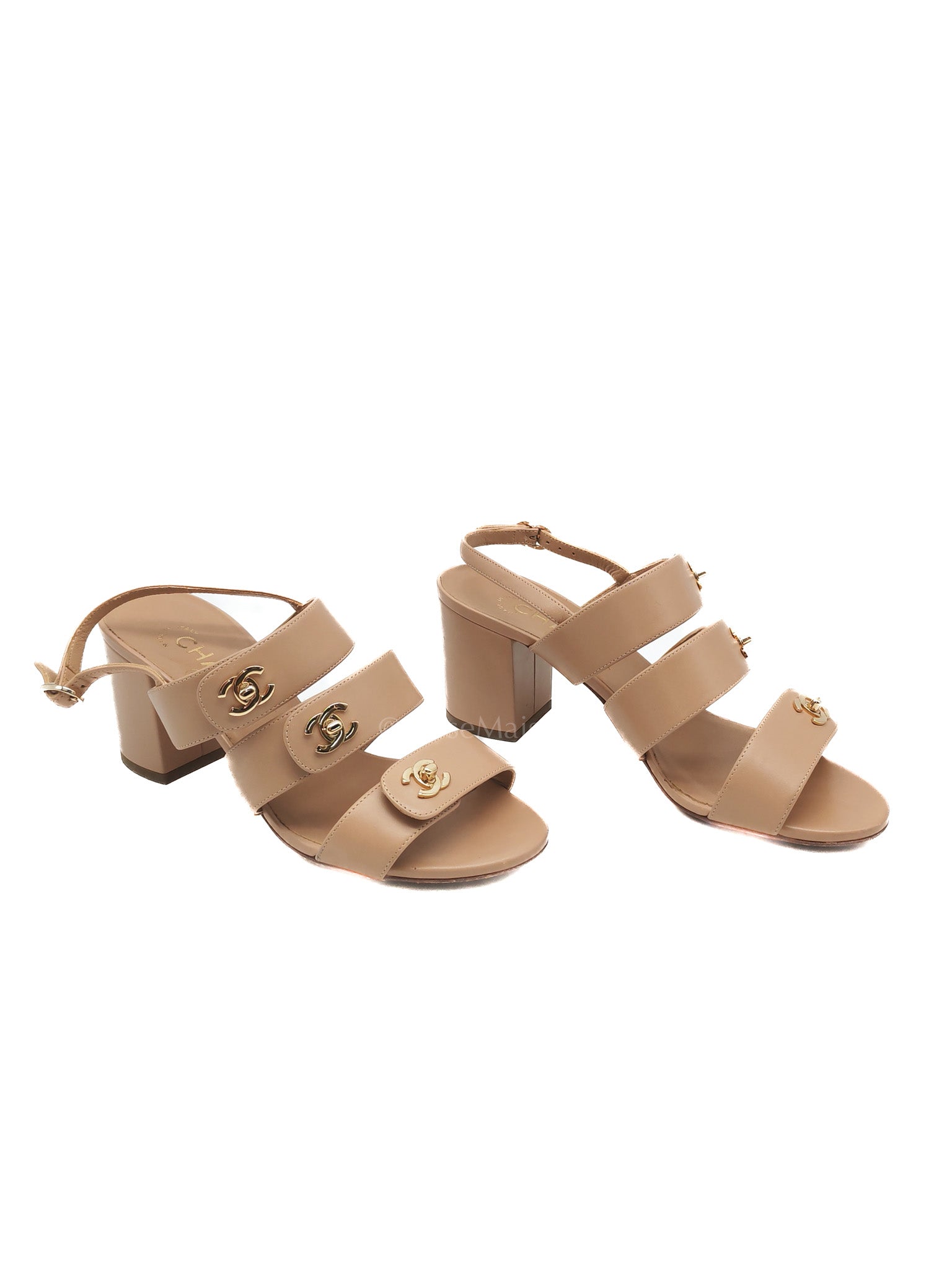 CC Turn Lock Triple Strap Sandals in Beige Calfskin Leather Light Gold Hardware Size 37.5 EU(23.5 cm)