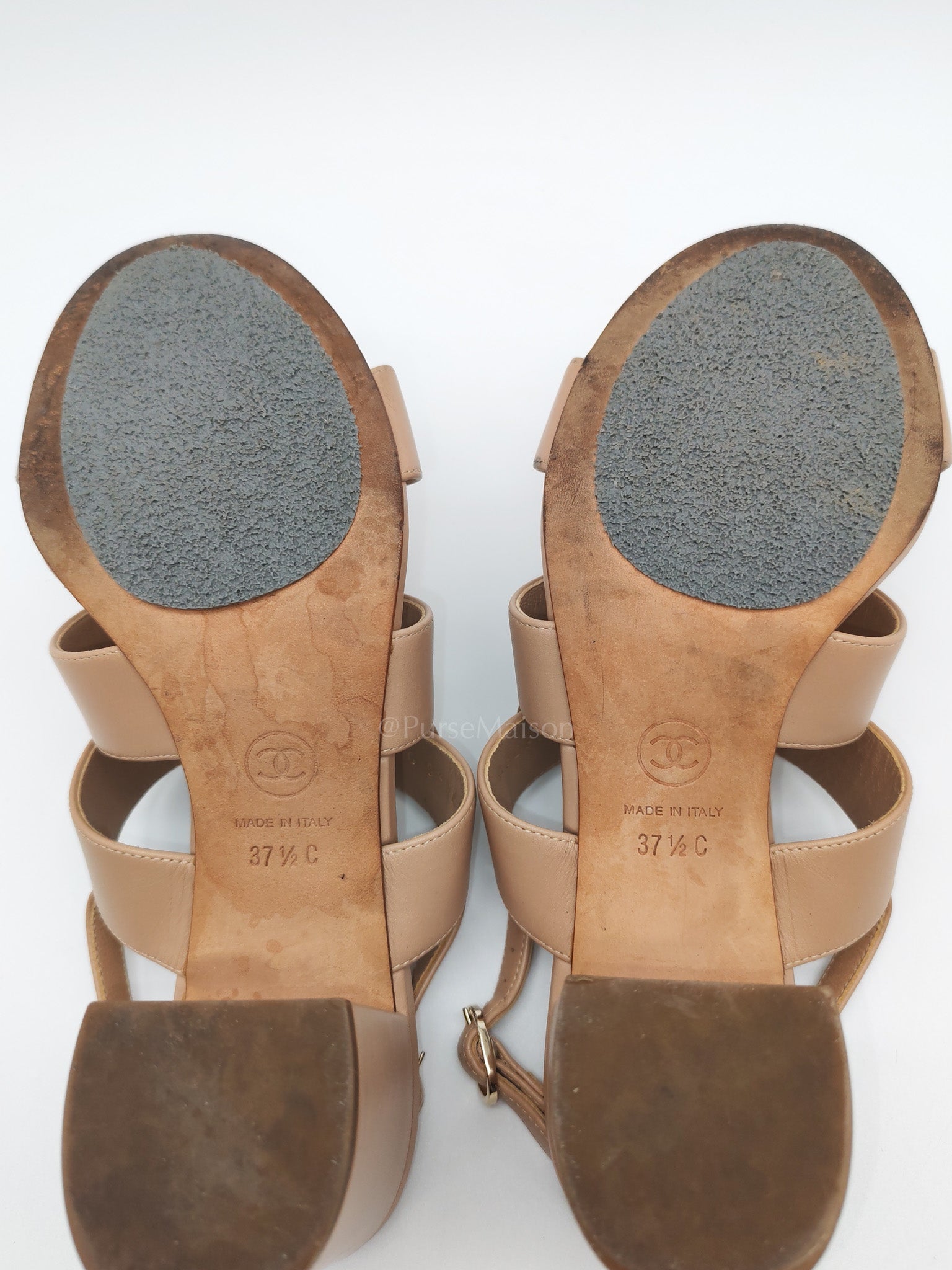CC Turn Lock Triple Strap Sandals in Beige Calfskin Leather Light Gold Hardware Size 37.5 EU(23.5 cm)