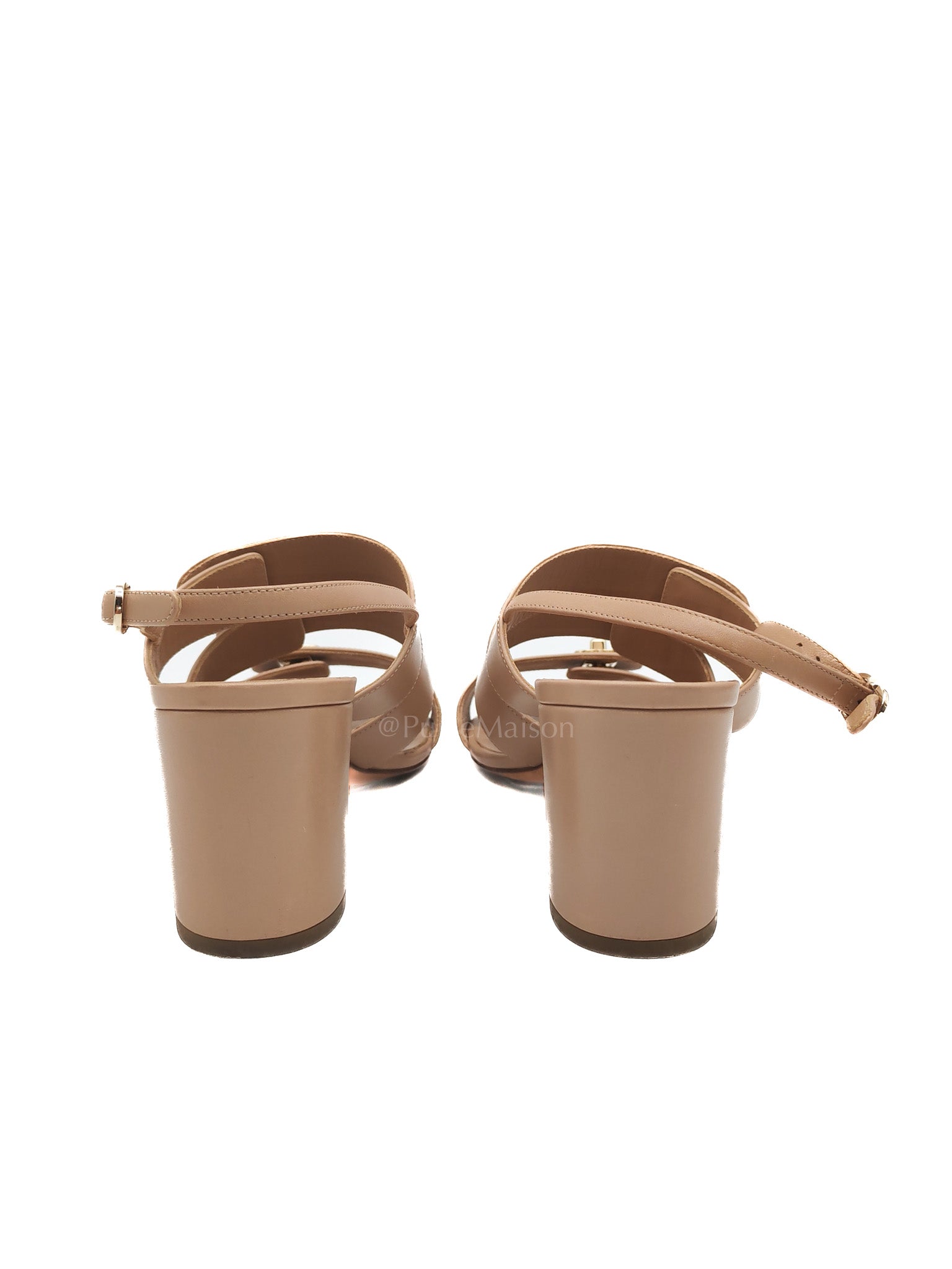 CC Turn Lock Triple Strap Sandals in Beige Calfskin Leather Light Gold Hardware Size 37.5 EU(23.5 cm)