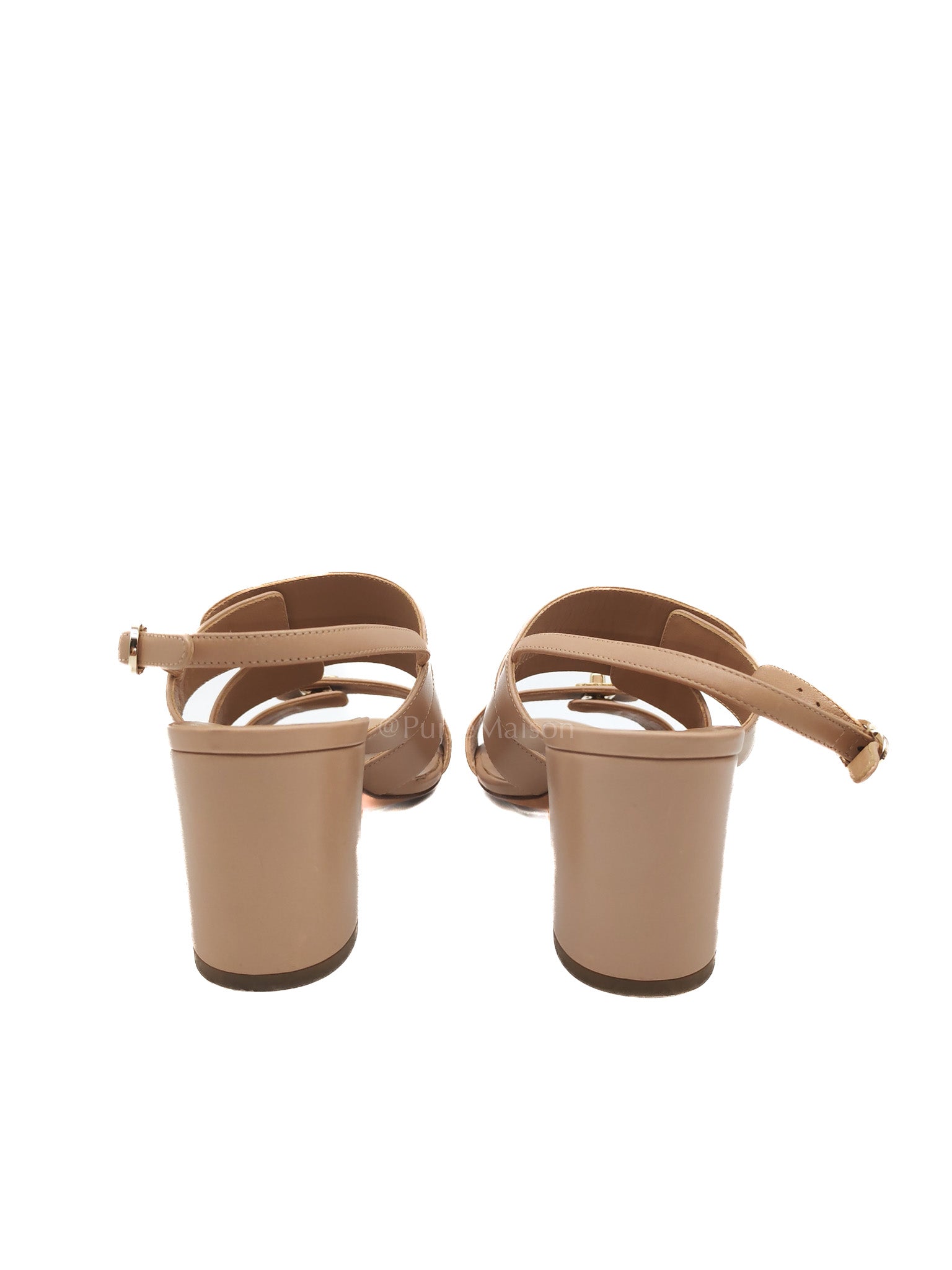 CC Turn Lock Triple Strap Sandals in Beige Calfskin Leather Light Gold Hardware Size 37.5 EU(23.5 cm)