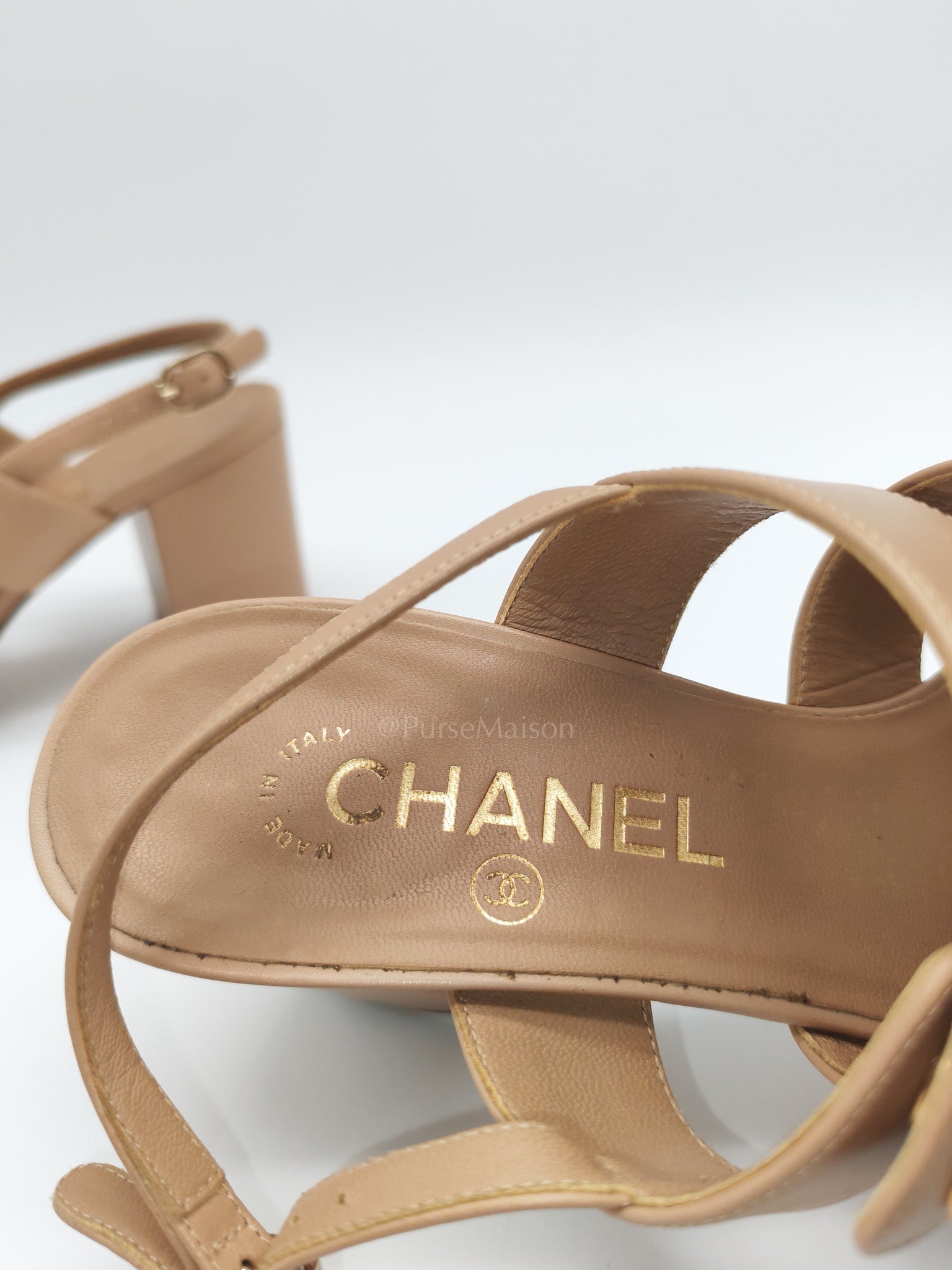 CC Turn Lock Triple Strap Sandals in Beige Calfskin Leather Light Gold Hardware Size 37.5 EU(23.5 cm)