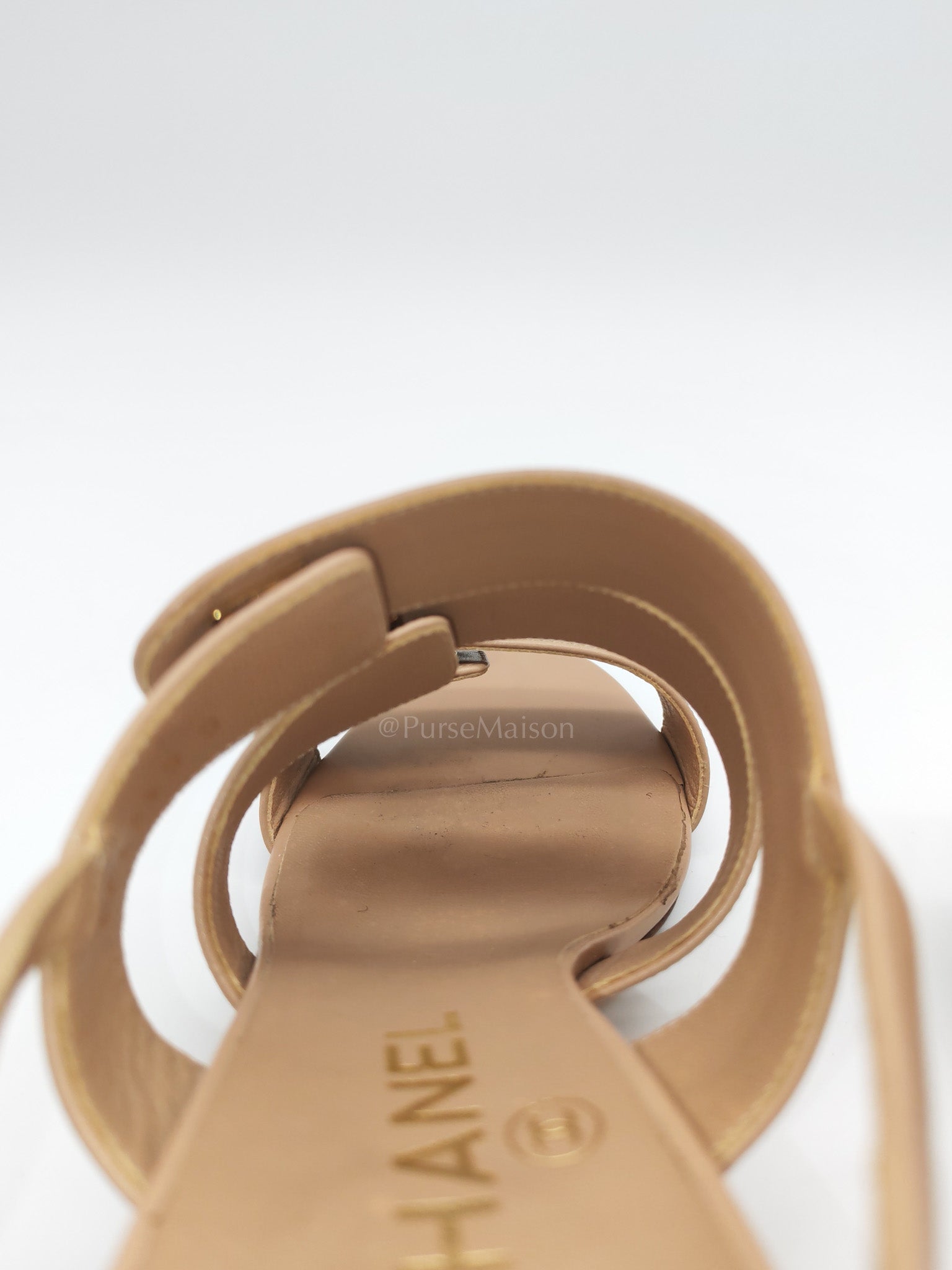 CC Turn Lock Triple Strap Sandals in Beige Calfskin Leather Light Gold Hardware Size 37.5 EU(23.5 cm)