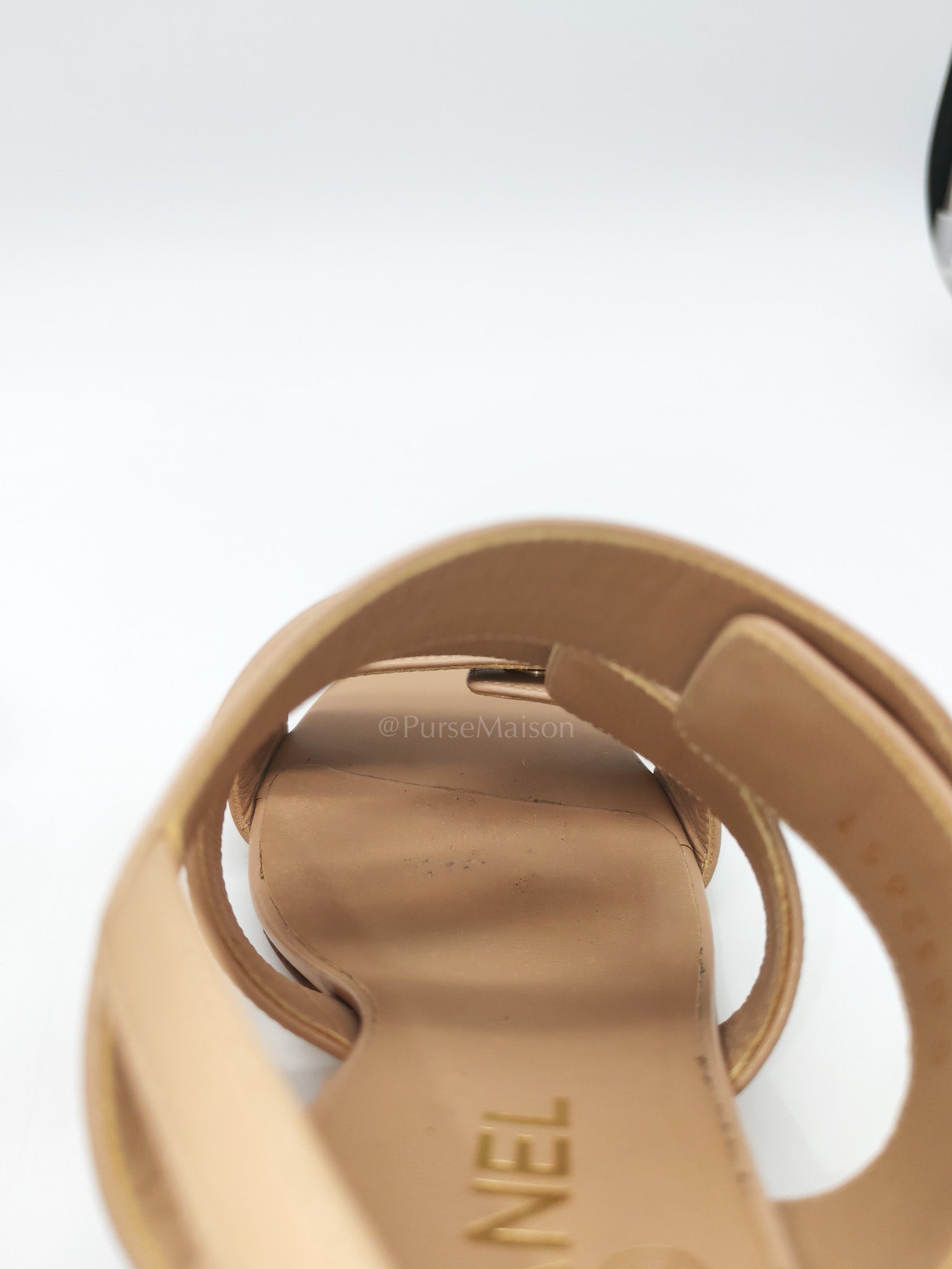 CC Turn Lock Triple Strap Sandals in Beige Calfskin Leather Light Gold Hardware Size 37.5 EU(23.5 cm)