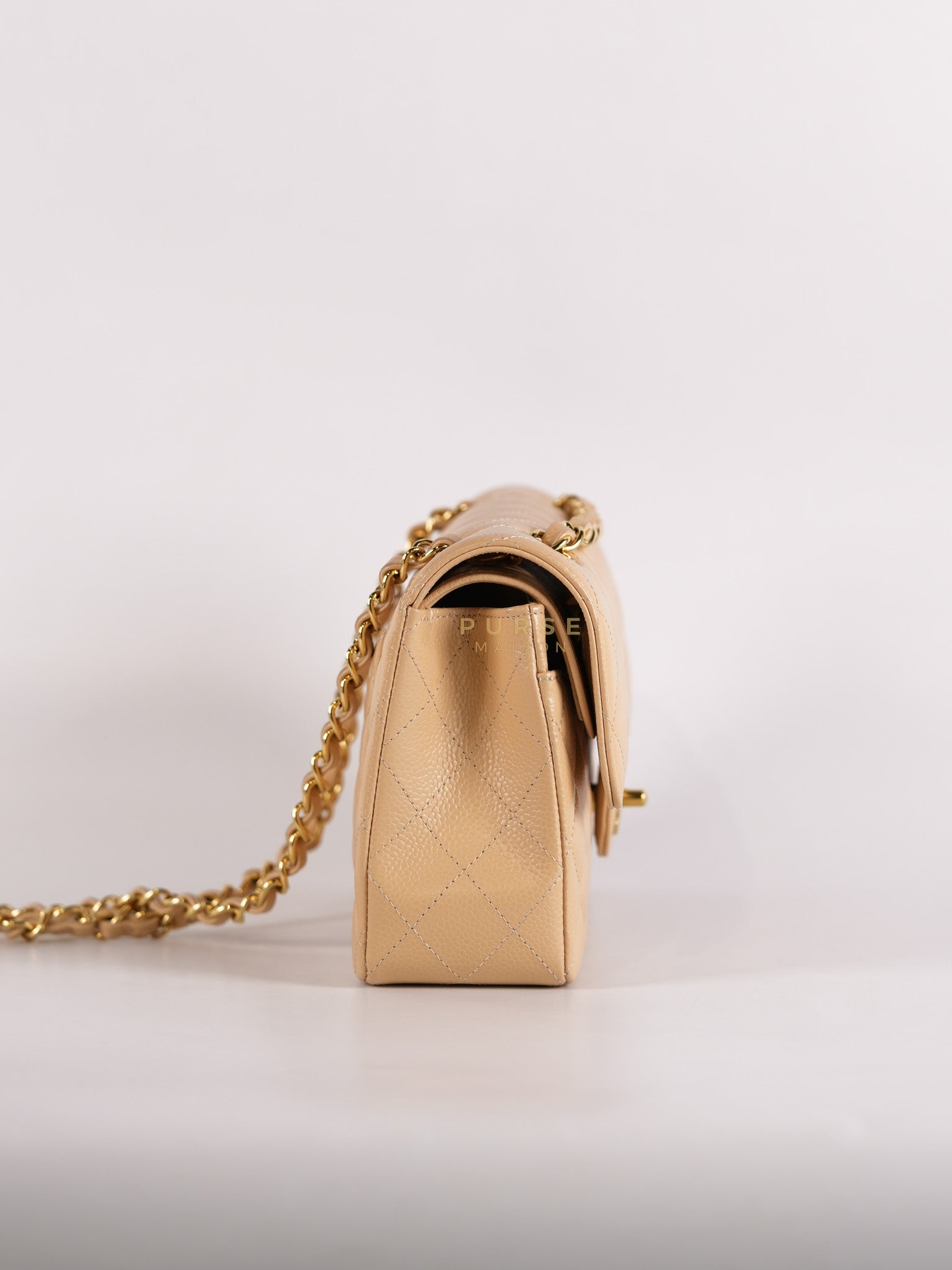 Classic Double Flap Small in Beige Clair Quilted Caviar Leather and Gold Hardware (Microchip)