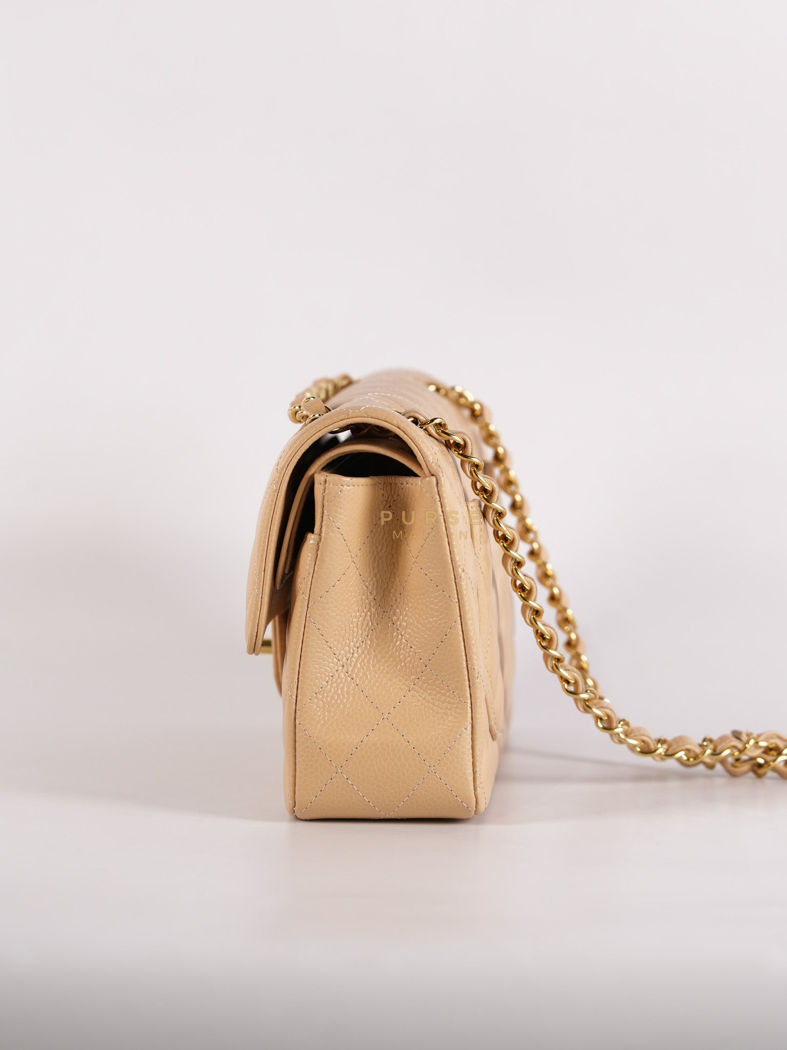 Classic Double Flap Small in Beige Clair Quilted Caviar Leather and Gold Hardware (Microchip)