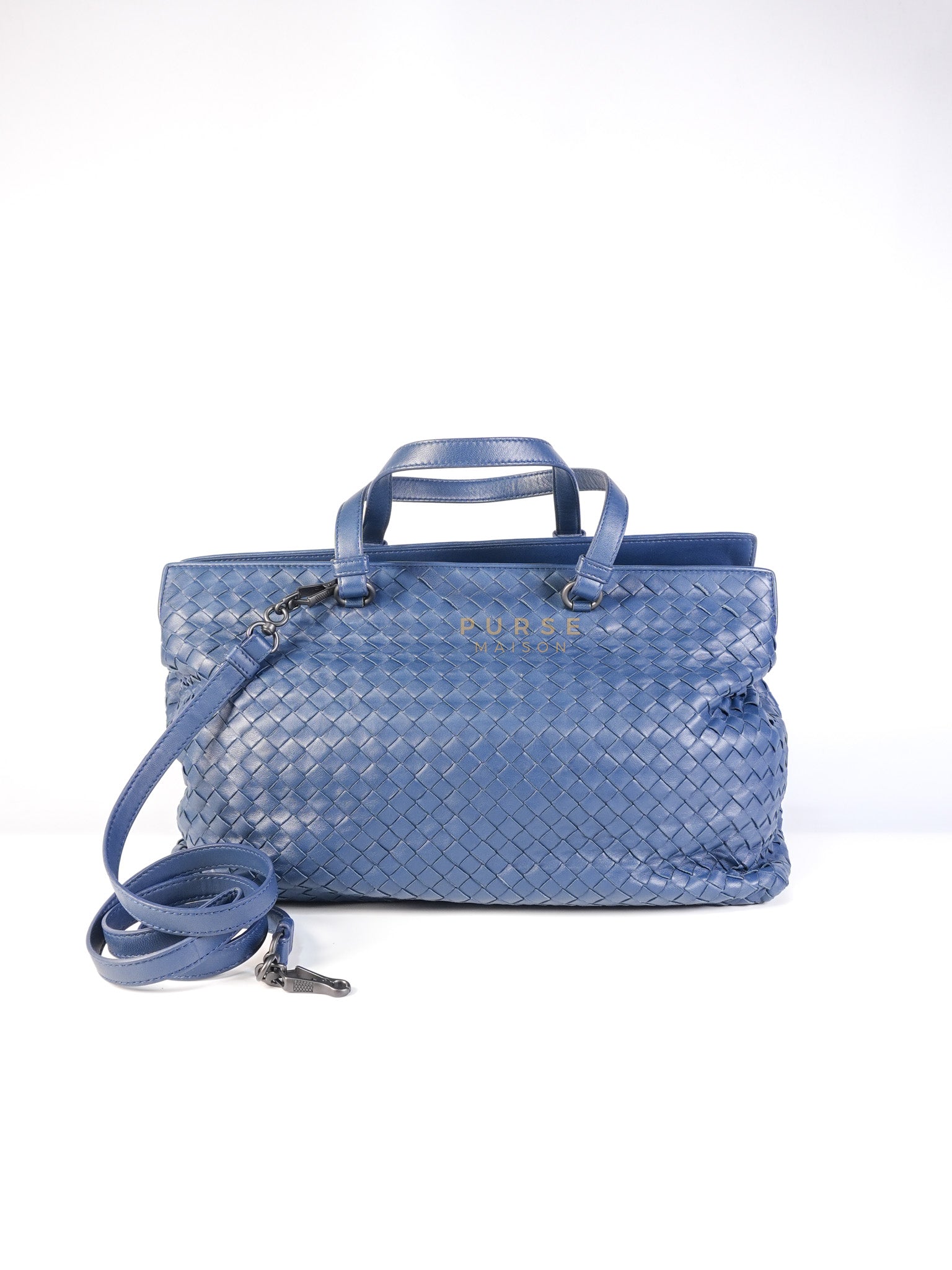 Intercciato Double Zipped Tote Bag in Blue Woven Leather | Purse Maison Luxury Bags Shop