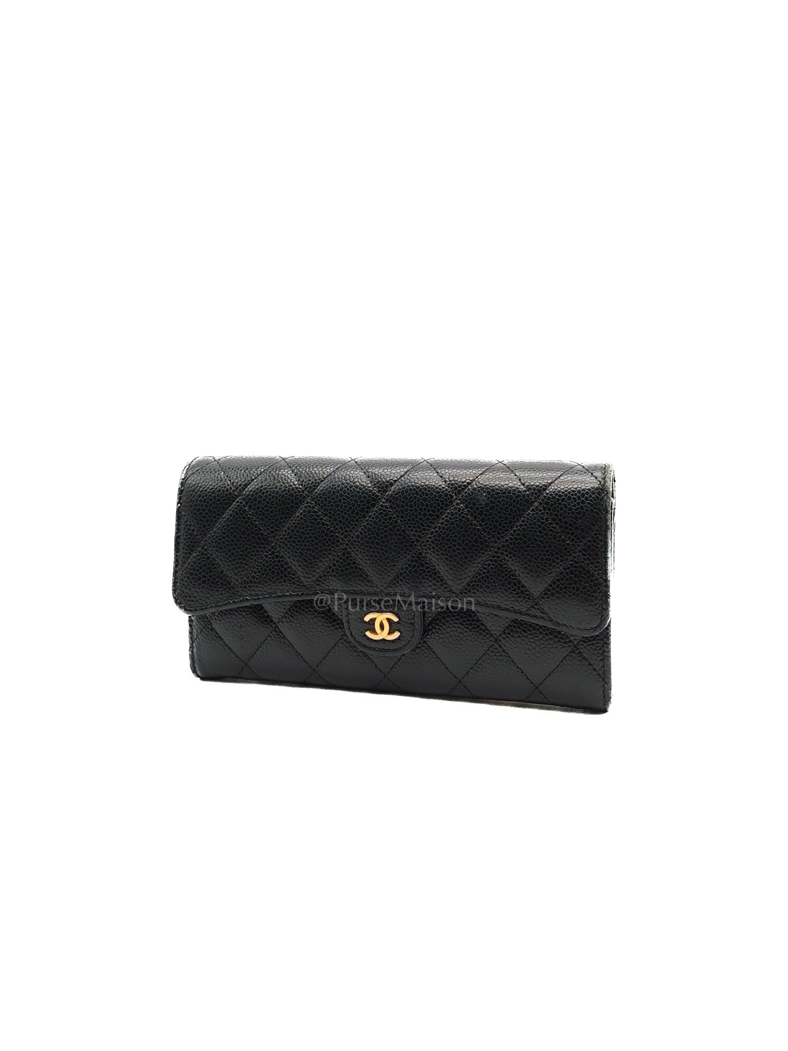 L-Gusset Flap Wallet in Black Quilted Caviar Leather & Gold Hardware Series 24 | Purse Maison Luxury Bags Shop