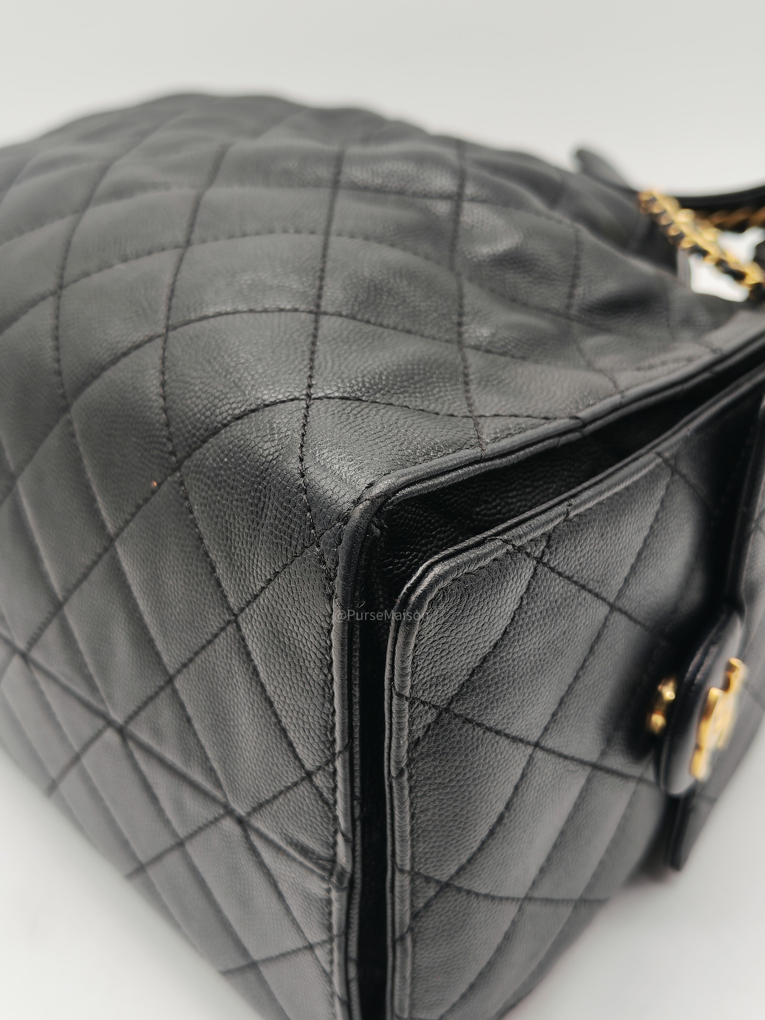 Chanel 25 Hobo Bag Medium in Black Caviar Leather Aged Gold Hardware (Microchip)