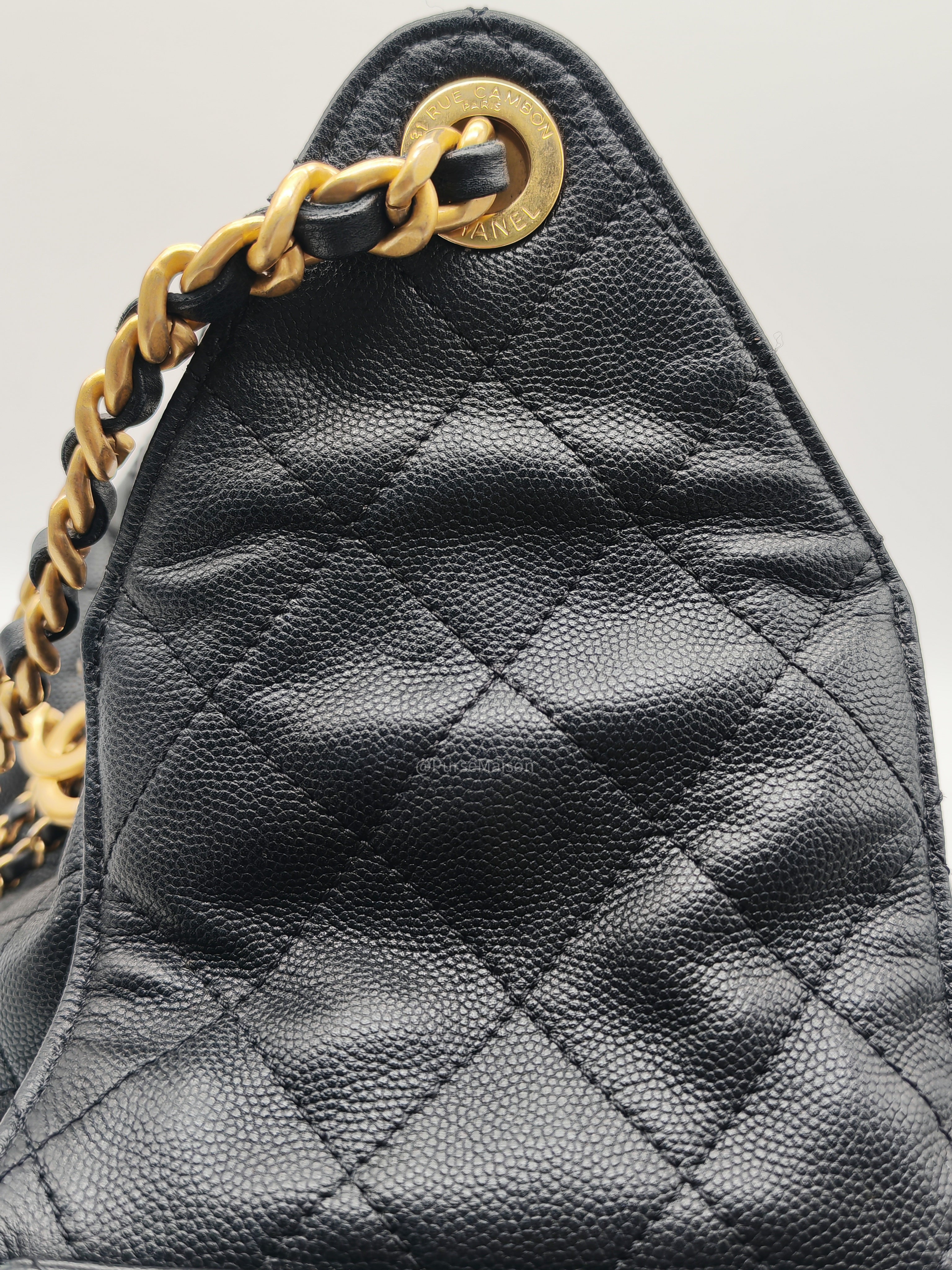 Chanel 25 Hobo Bag Medium in Black Caviar Leather Aged Gold Hardware (Microchip)