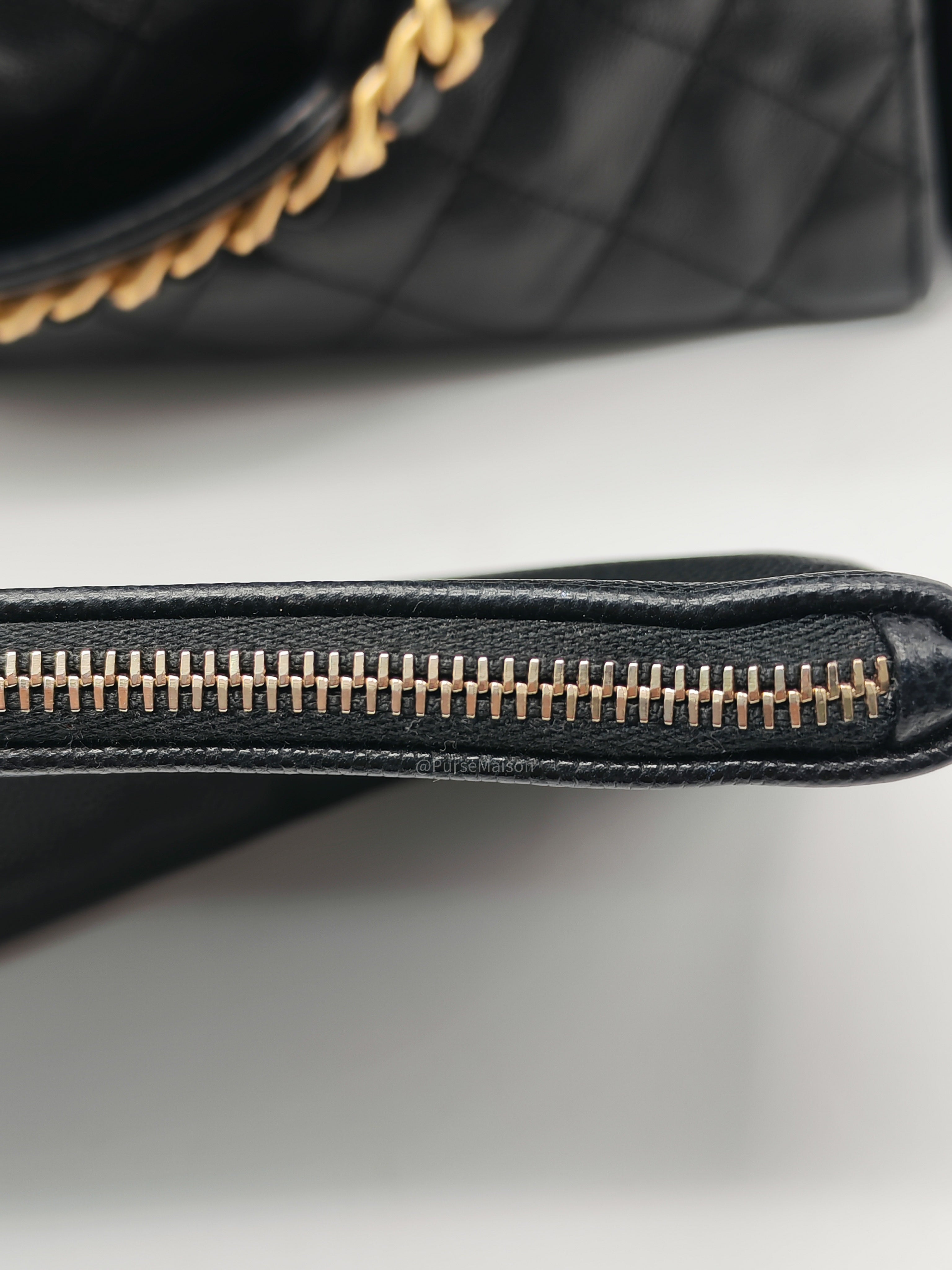 Chanel 25 Hobo Bag Medium in Black Caviar Leather Aged Gold Hardware (Microchip)