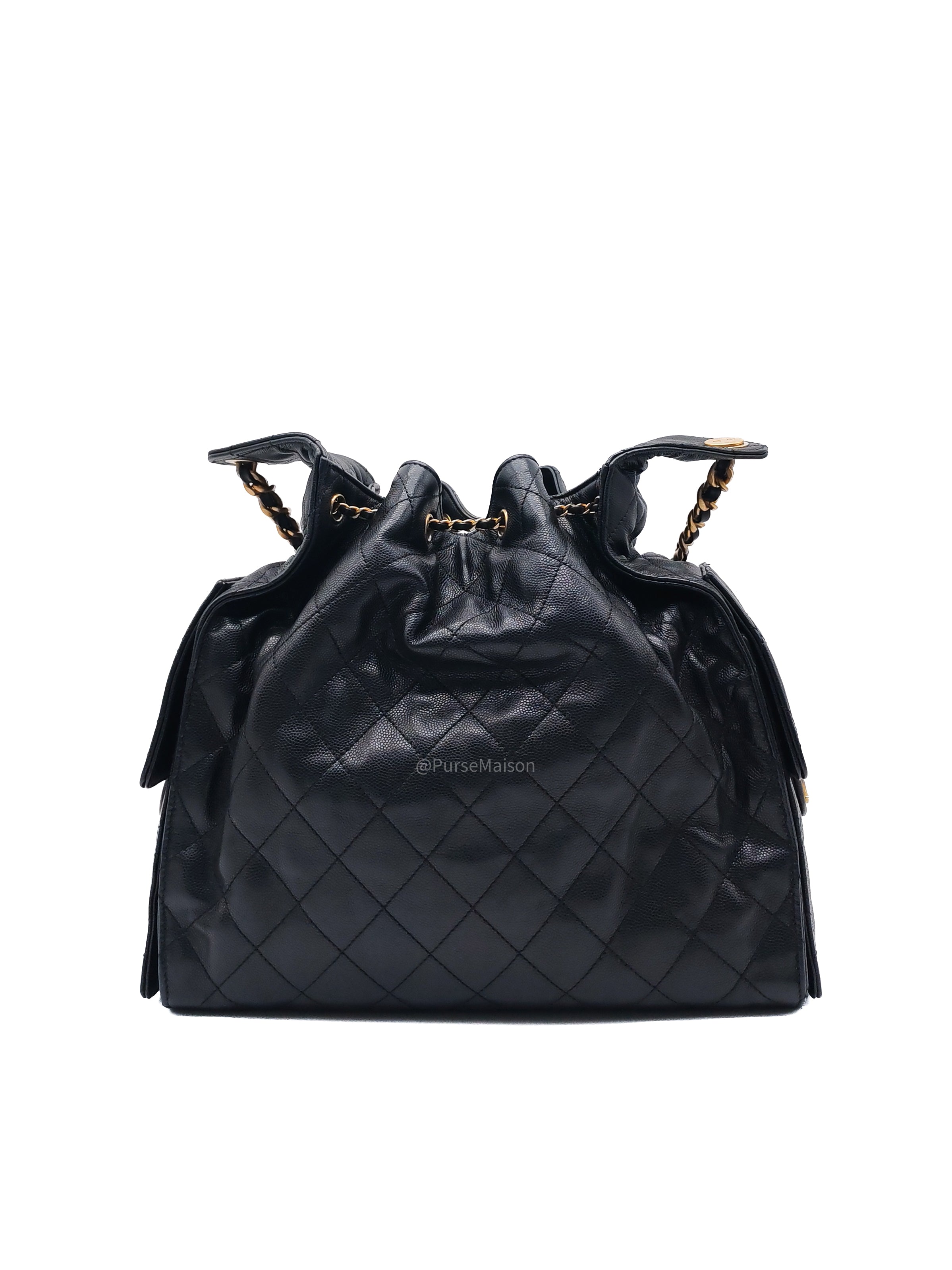Chanel 25 Hobo Bag Medium in Black Caviar Leather Aged Gold Hardware (Microchip)