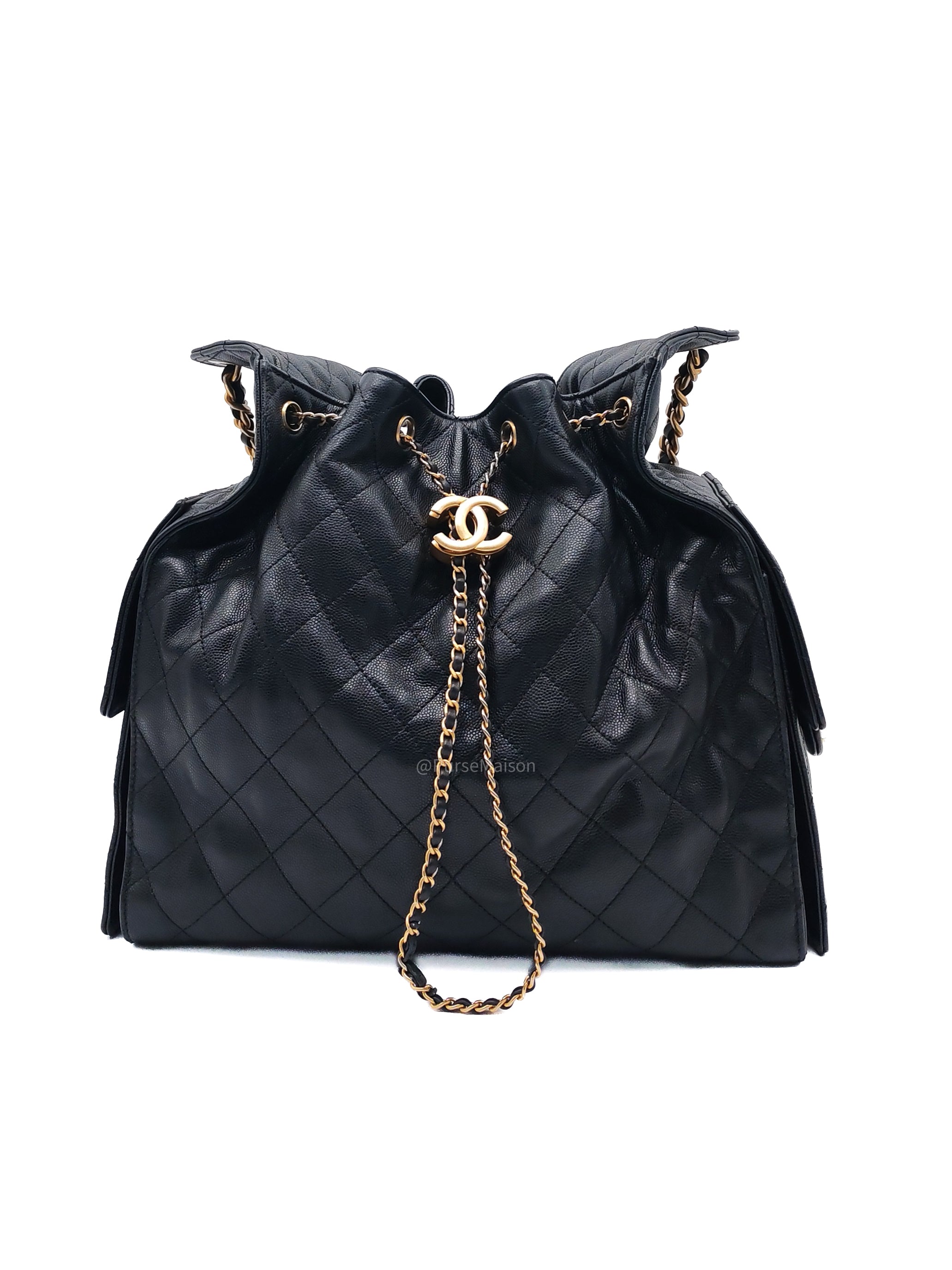 Chanel 25 Hobo Bag Medium in Black Caviar Leather Aged Gold Hardware (Microchip)